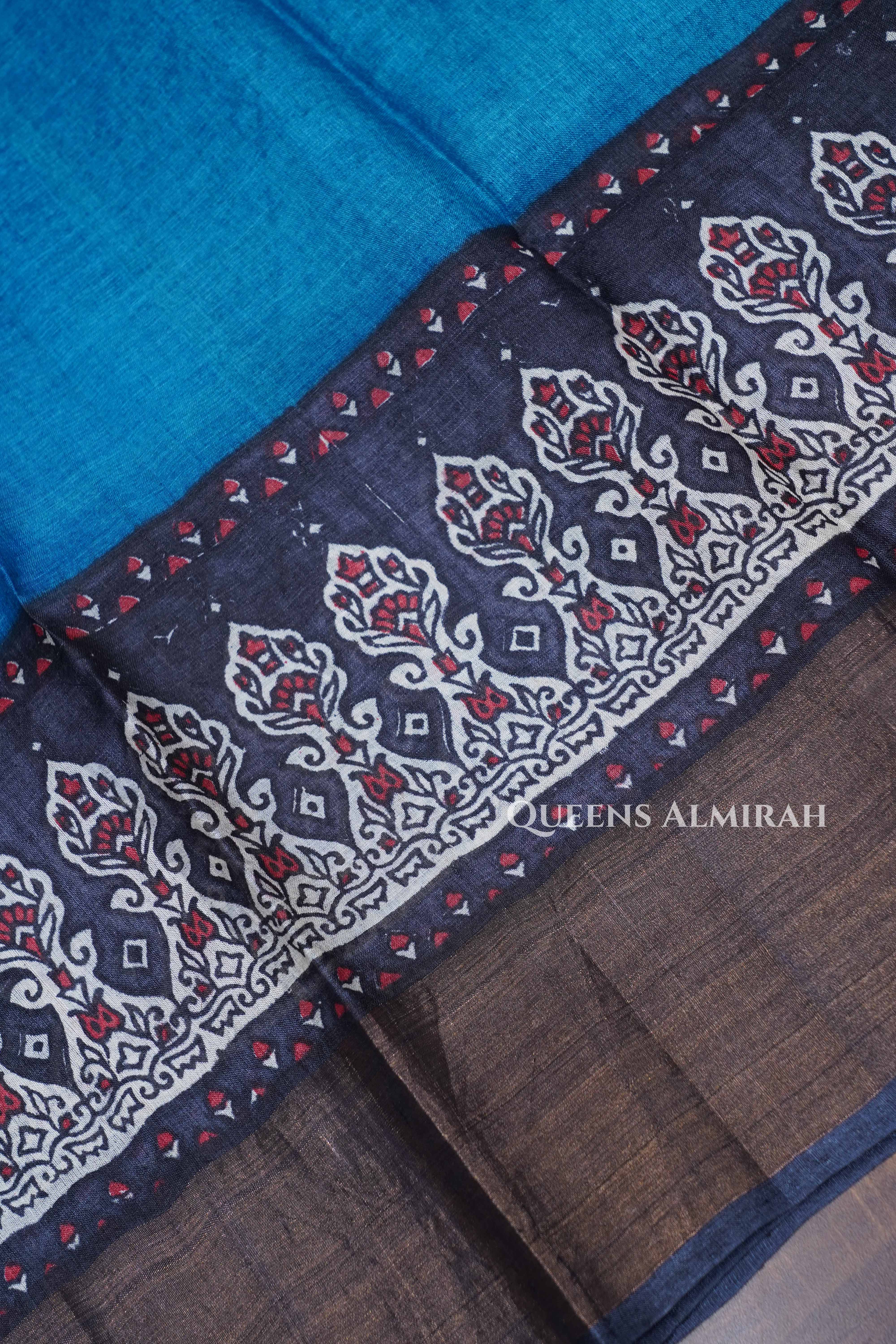 Teal Blue Pure Tussar Silk Saree