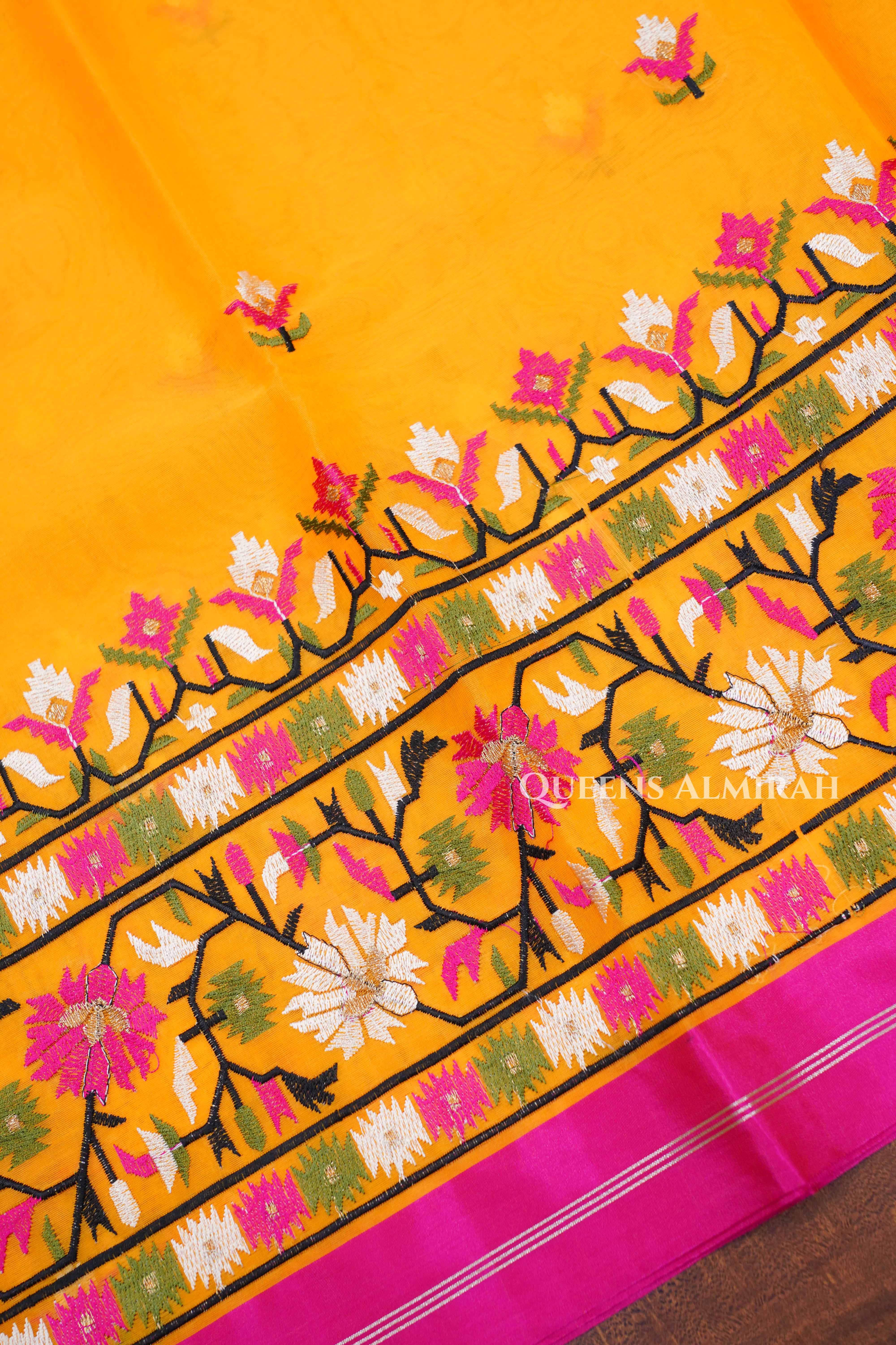 Yellow With Pink Muslin Organza Saree