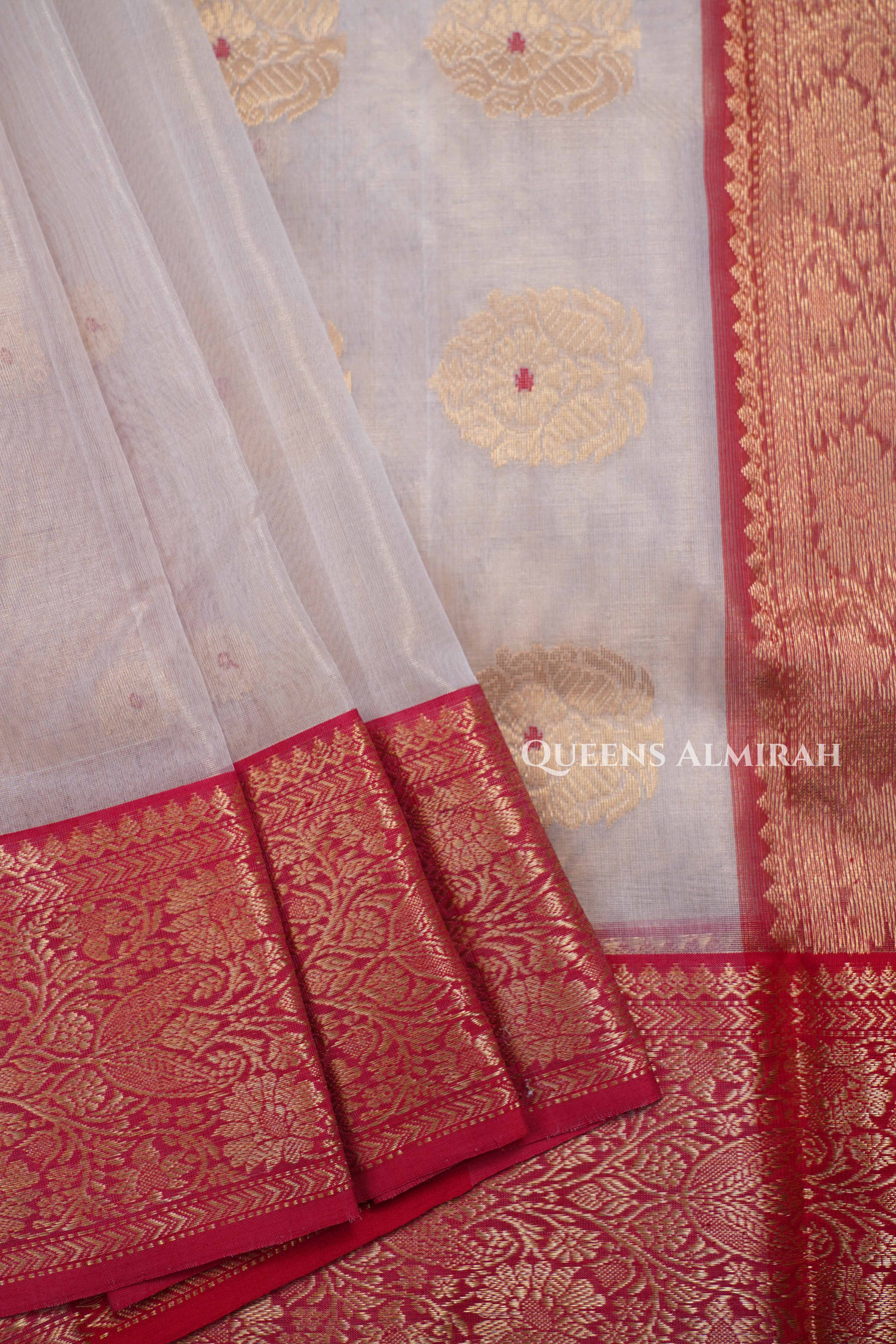 Sandal With Red Katan Silk Handloom Saree