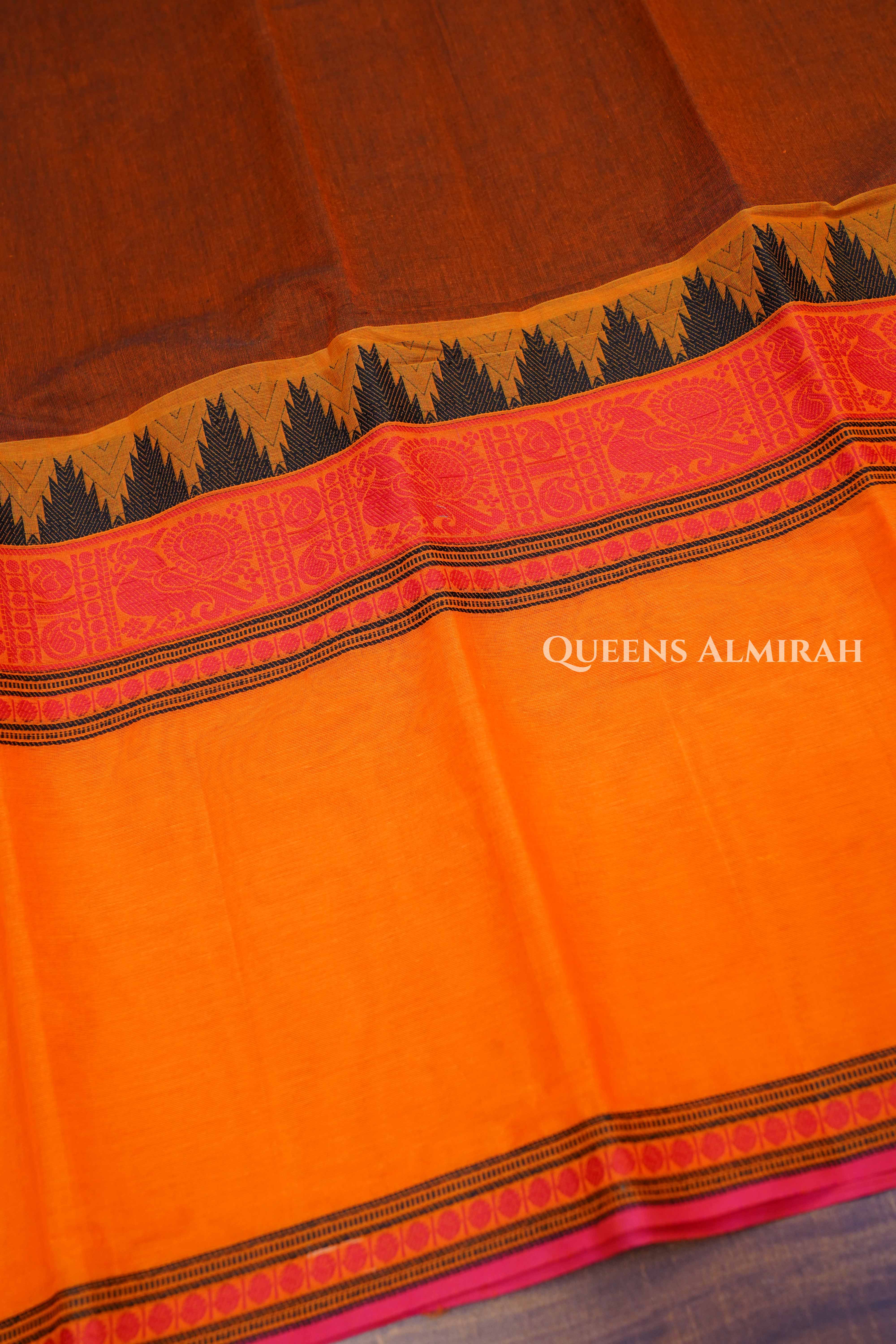 Honey Brown With Mango Yellow 1 Chettinad Cotton Saree