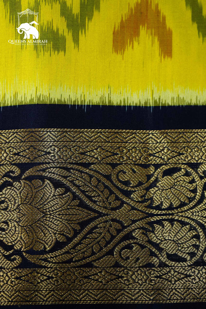 OLIVE YELLOW WITH CHARCOAL BLUE SOFT SILK SAREE - Queens Jewel Emporium
