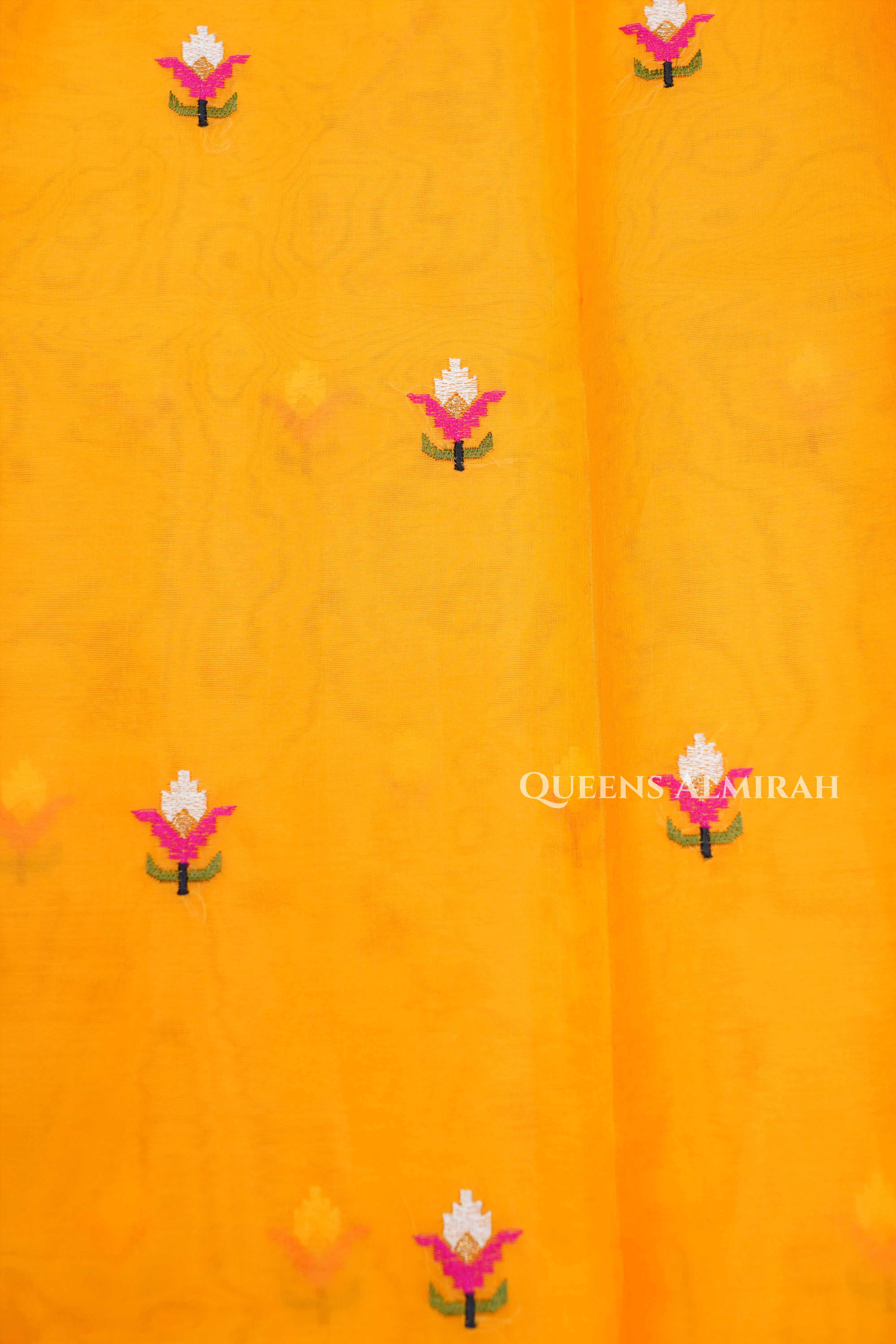 Yellow With Pink Muslin Organza Saree