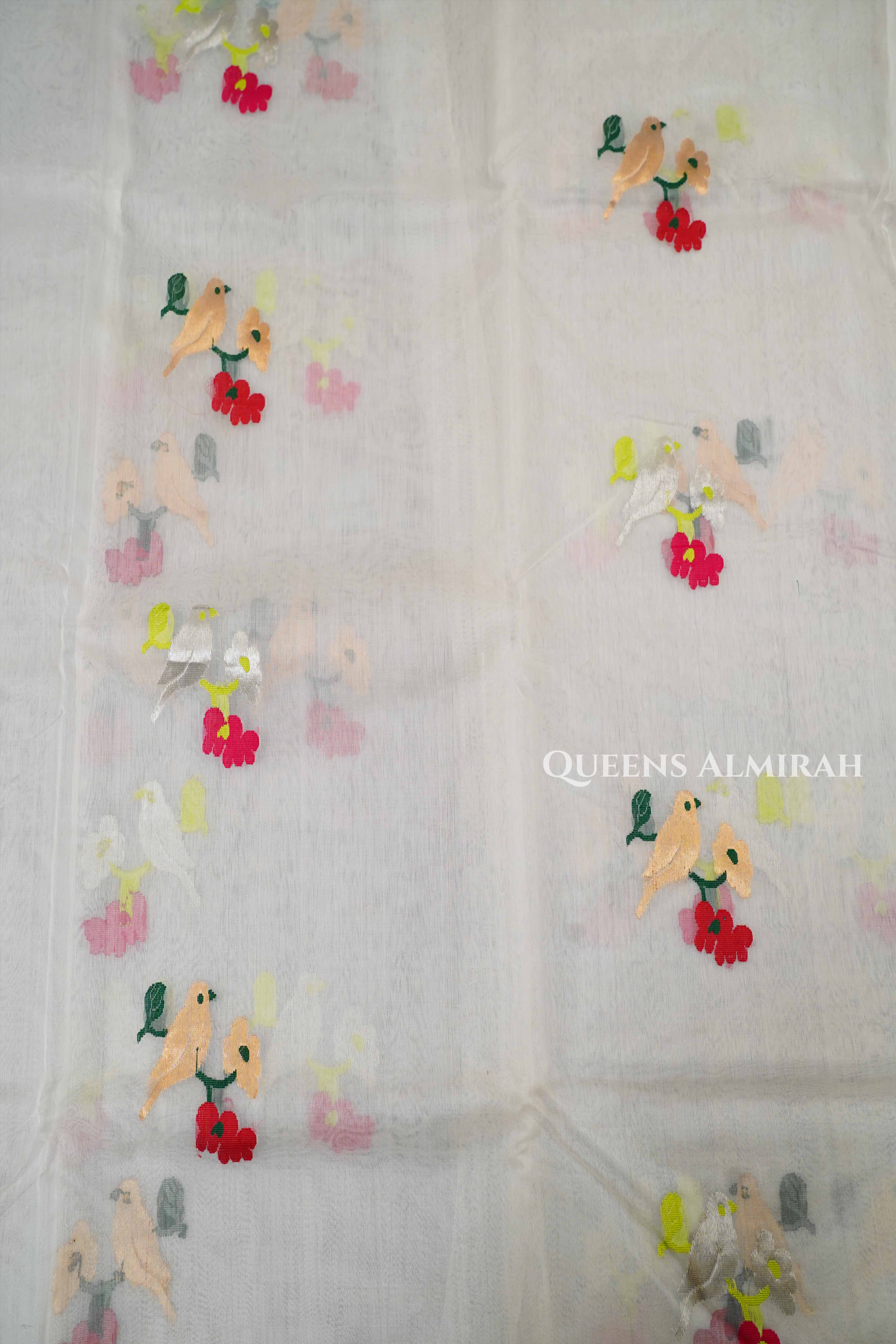 White Chanderi Katan Handloom Silk Saree