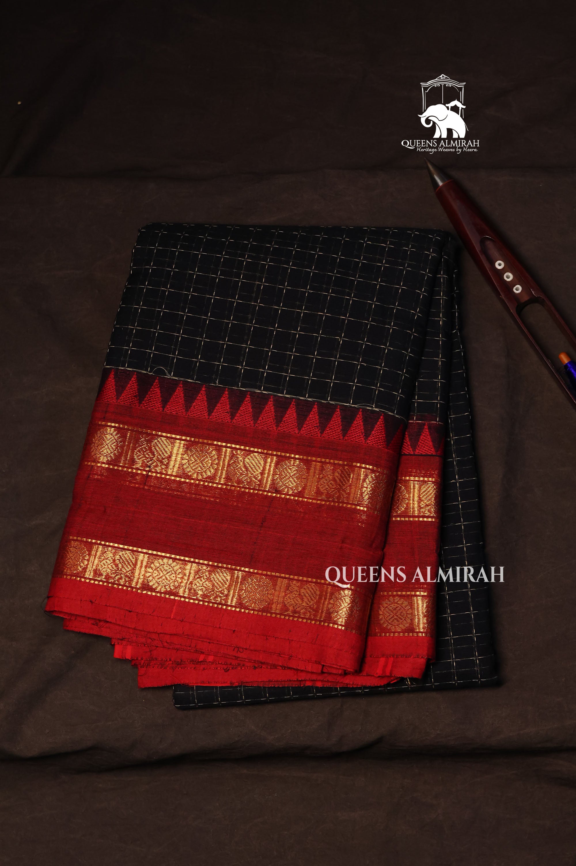 Black Kattam With Red Kanchi Cotton Saree
