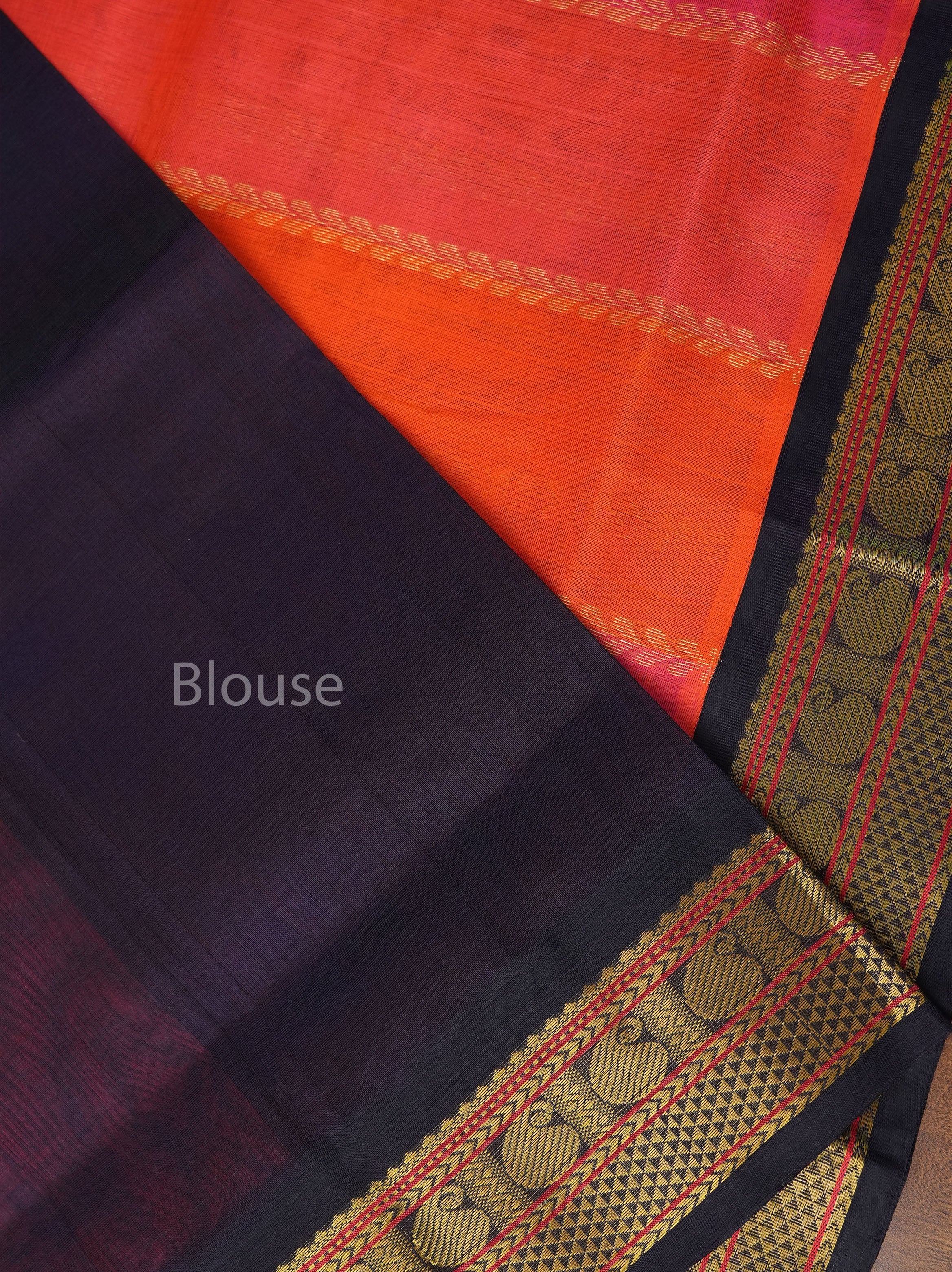 Orange And Pink With Black Border Pure Silk Cotton Saree