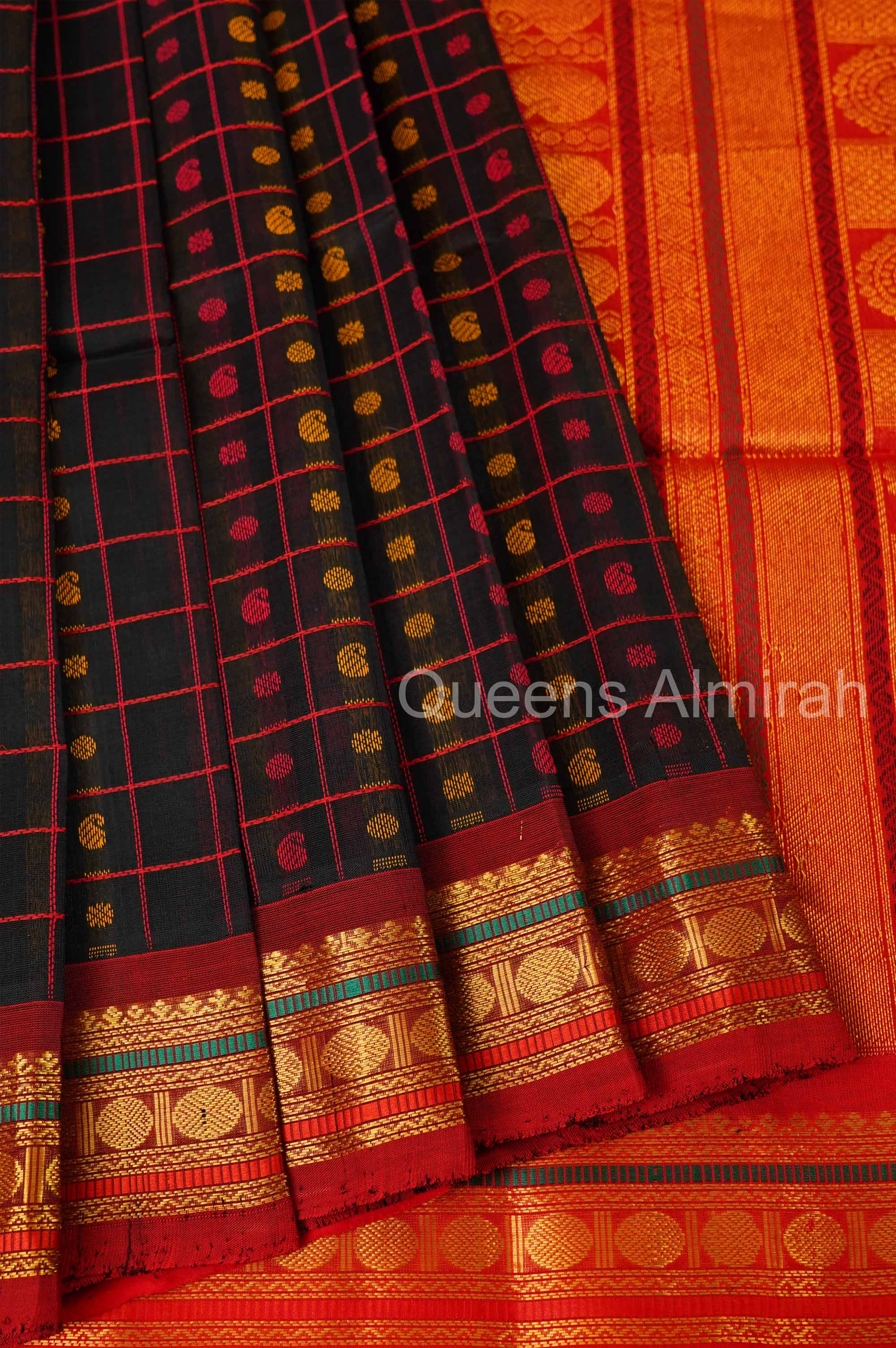 Black Kattam With Maroon Pure Silk Cotton Saree
