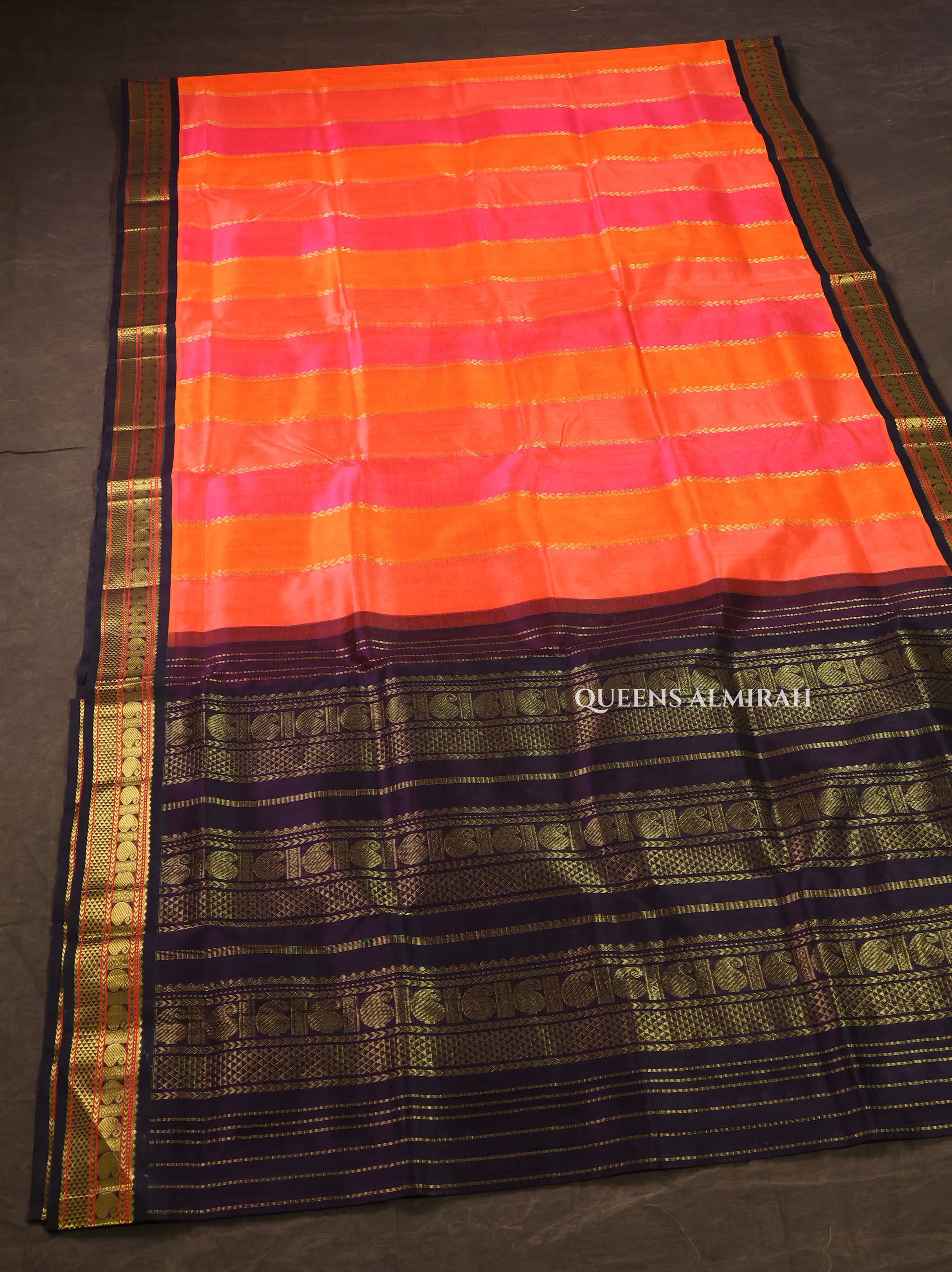 Orange And Pink With Black Border Pure Silk Cotton Saree