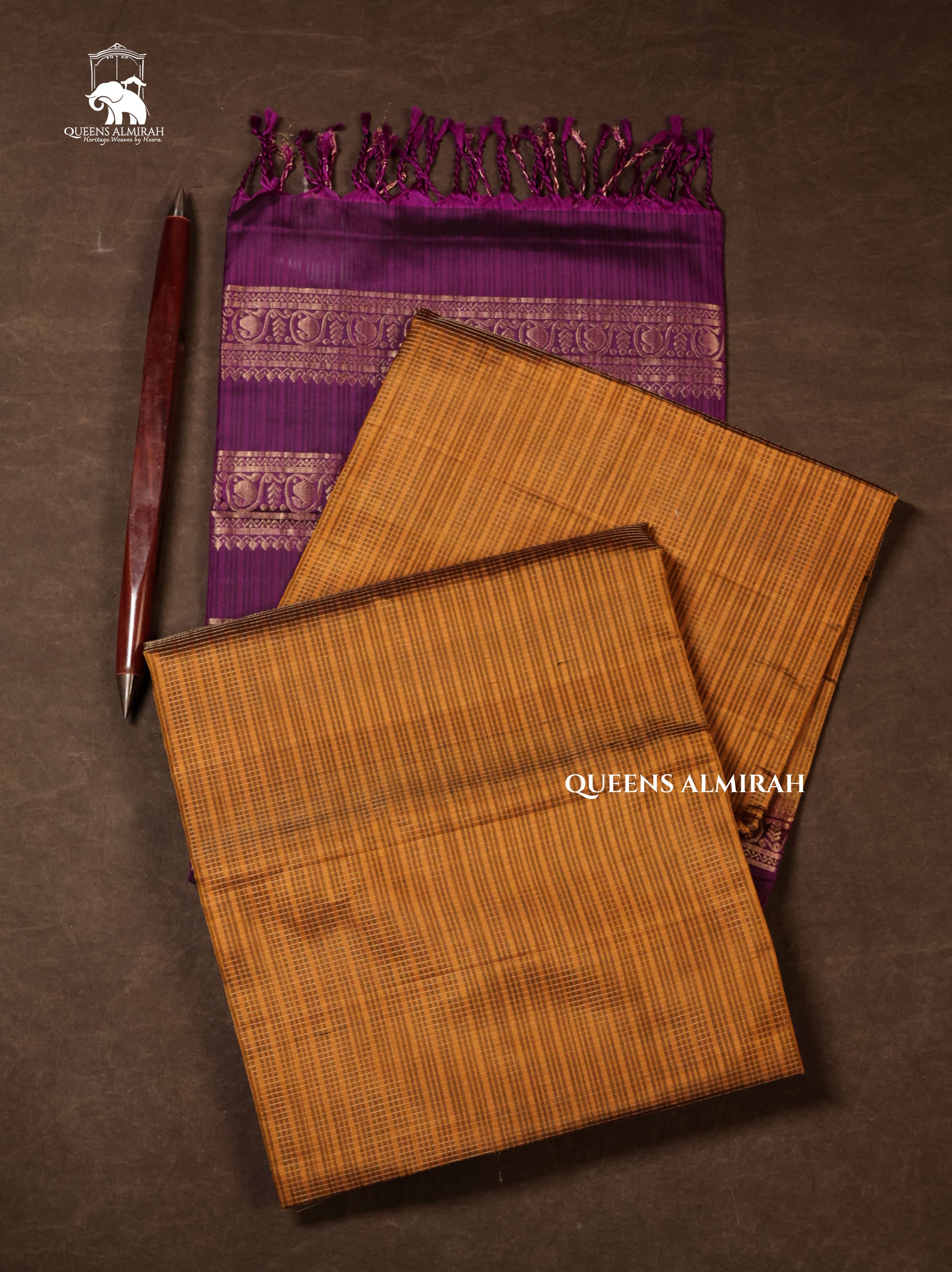 Mustard Brown With Purple Pure Soft Silk Saree