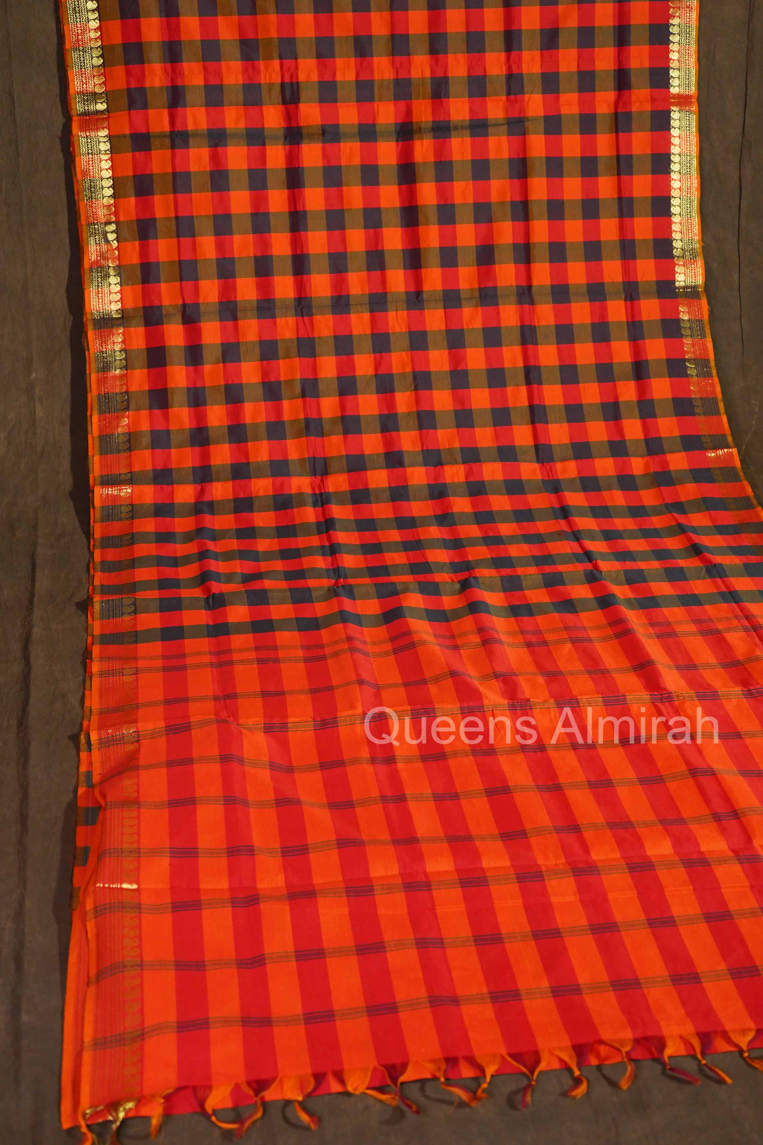 Red With Blue Checks Semi Silk Cotton Saree
