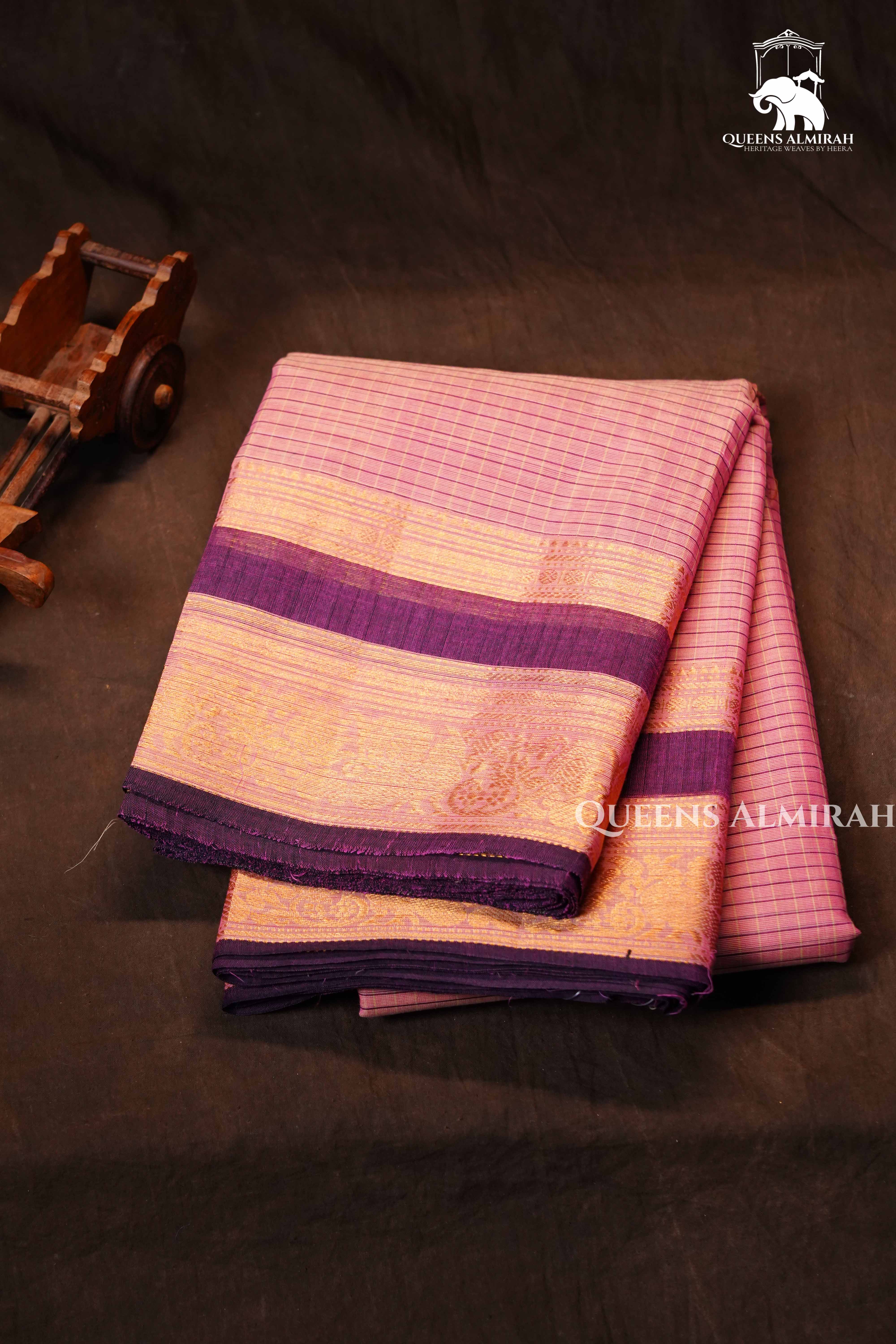 Rose Milk Pink With Purple Kanchi Cotton Saree