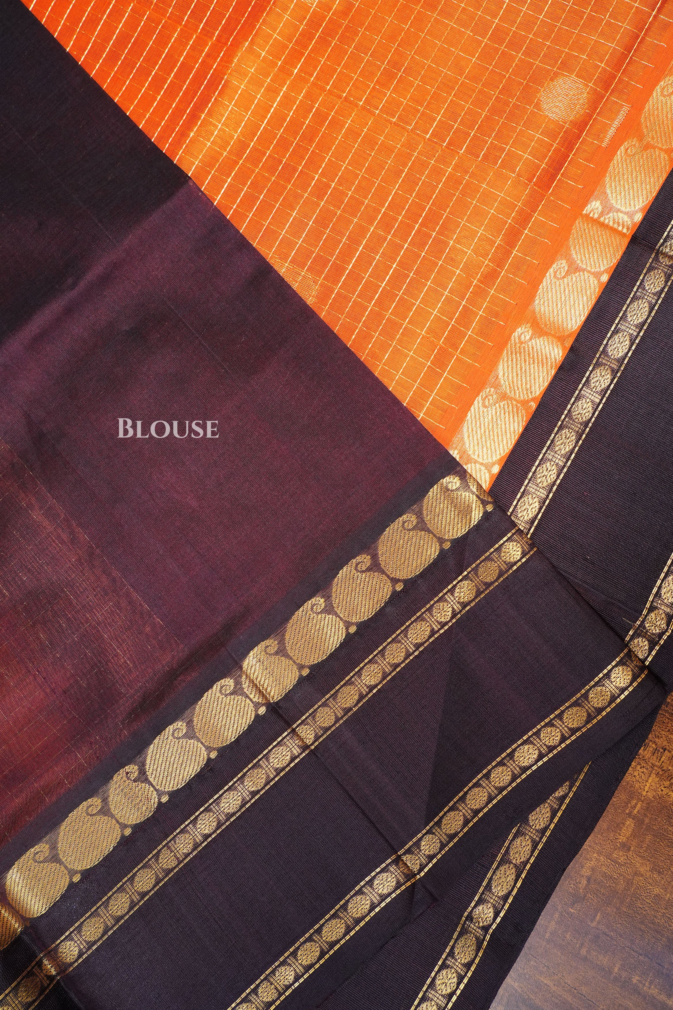 Orange Kattam With Cocoa Bean Rettapet Border Pure Kanchi Silk Cotton Saree