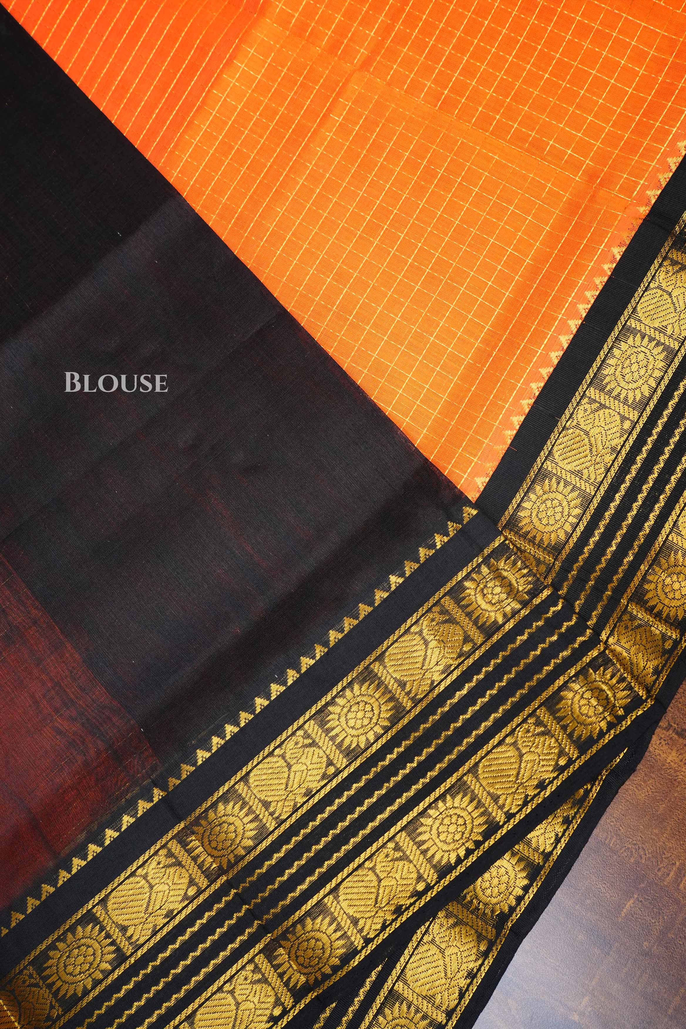 Orange Small Kattam With Black Pure Kanchi Silk Cotton Saree