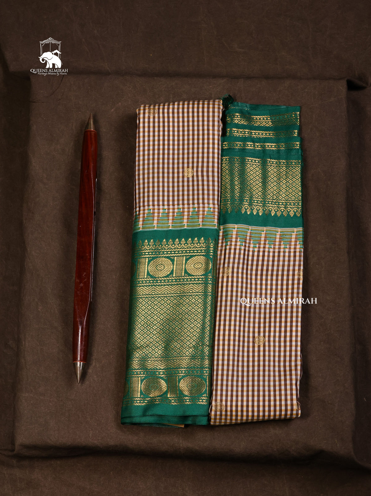 Brown Kattam With Green Semi Gadwal Silk Saree