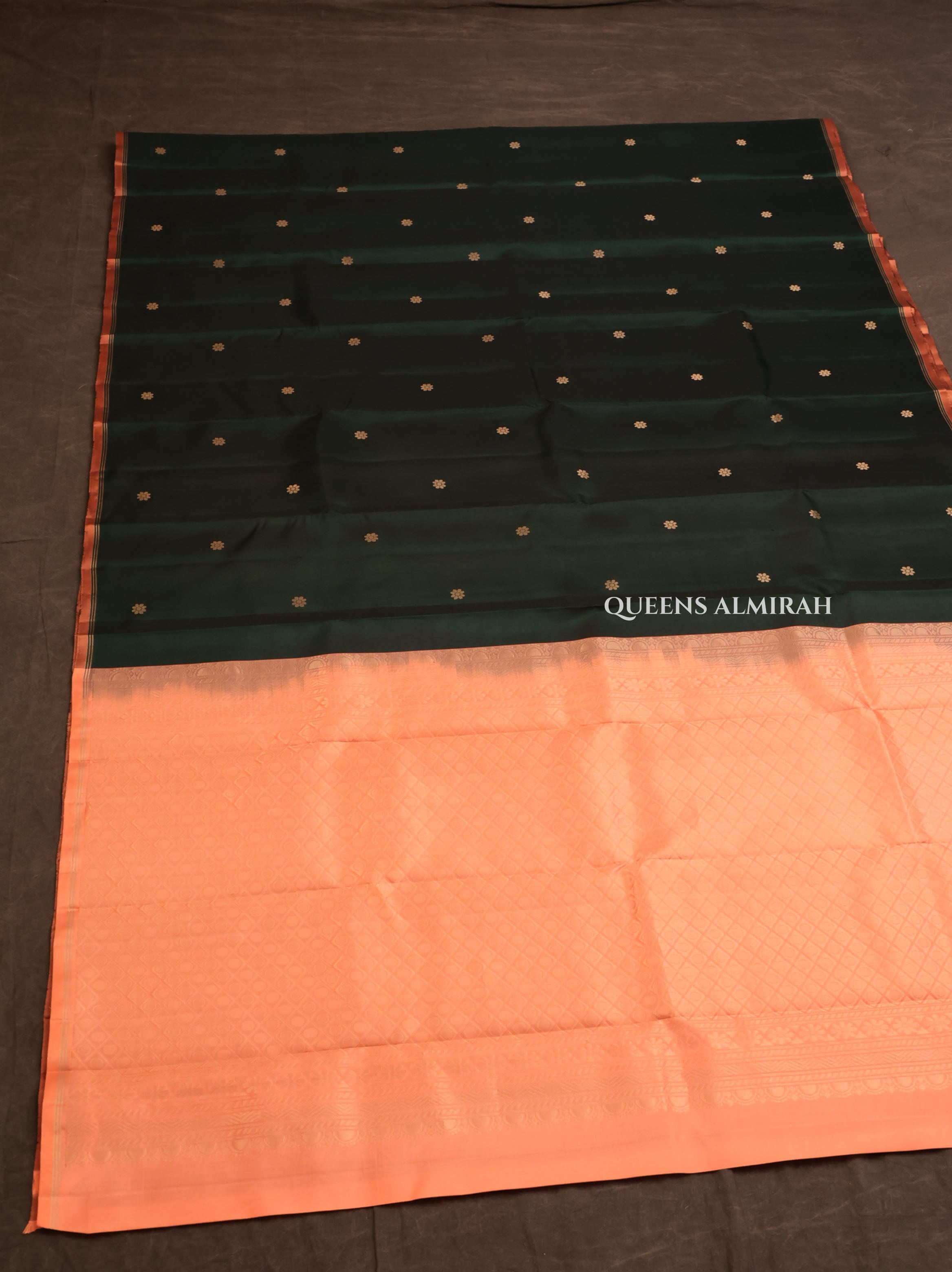 Dark Green With Peach Pure Kanchivaram Silk Saree