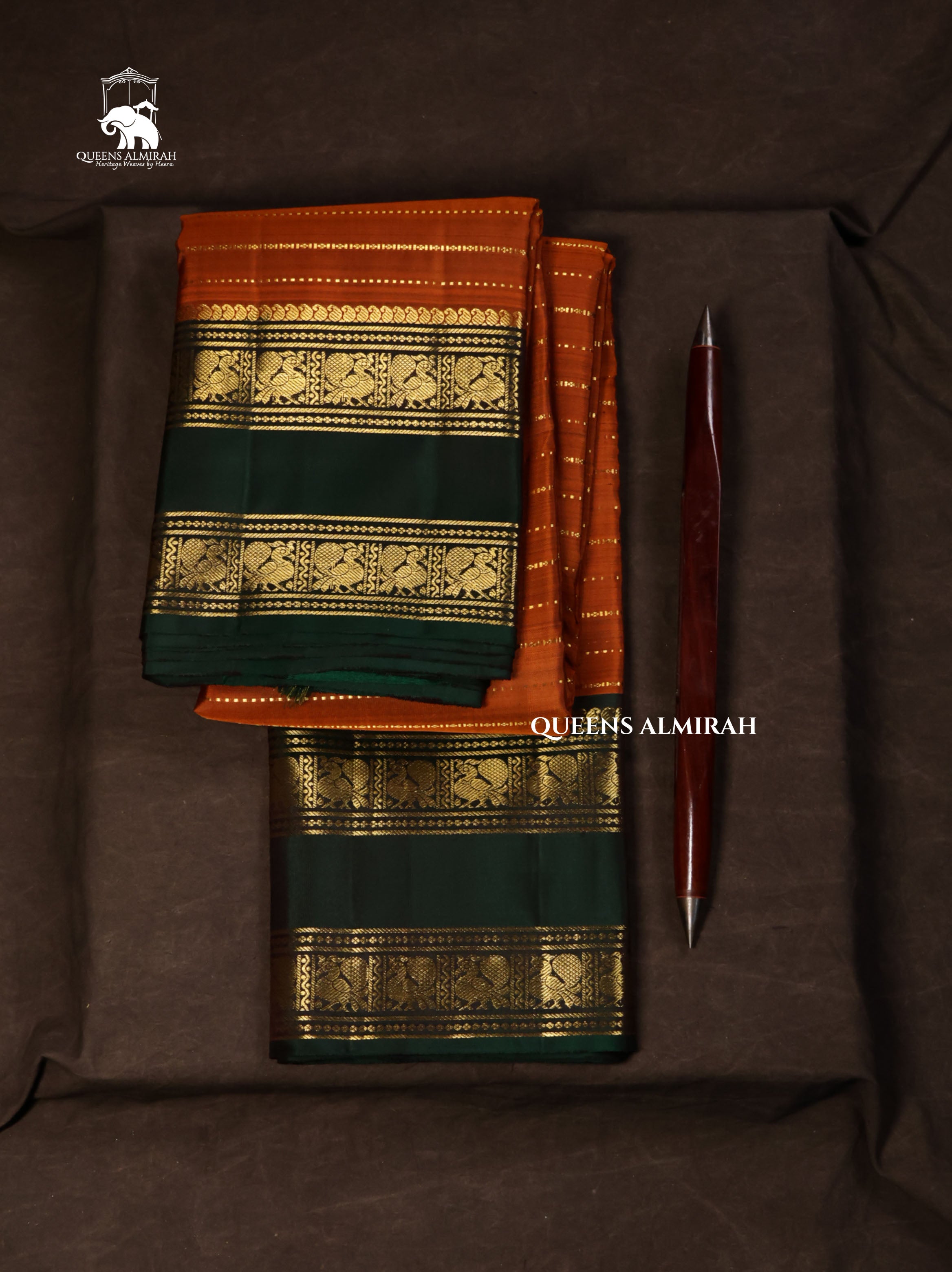 Honey Brown With Dark Bottle Green Pure Kanchivaram Silk Saree