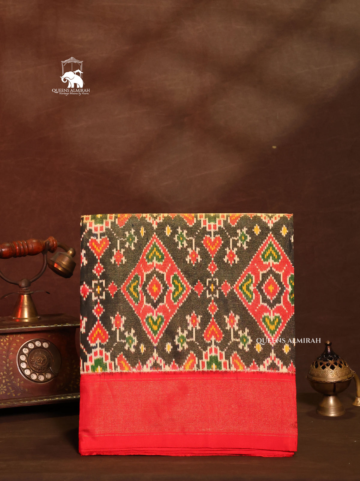 Dark Green With Red  Pochampally Tissue Silk Saree