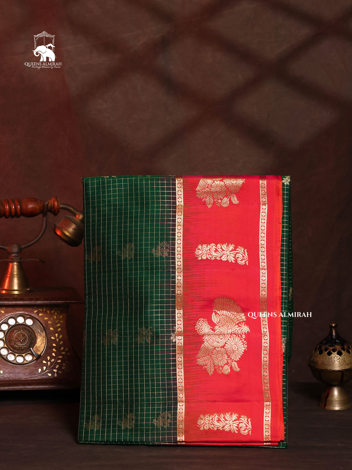 Dark Green With Coral Red Pure Soft Silk Saree