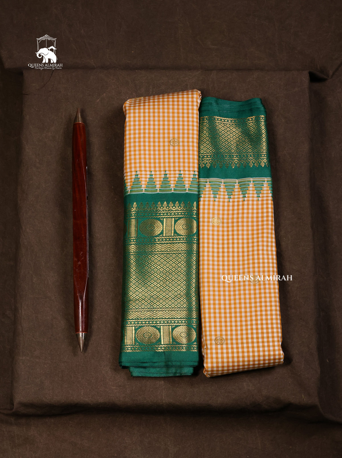 Brown Kattam With Green Semi Gadwal Silk Saree