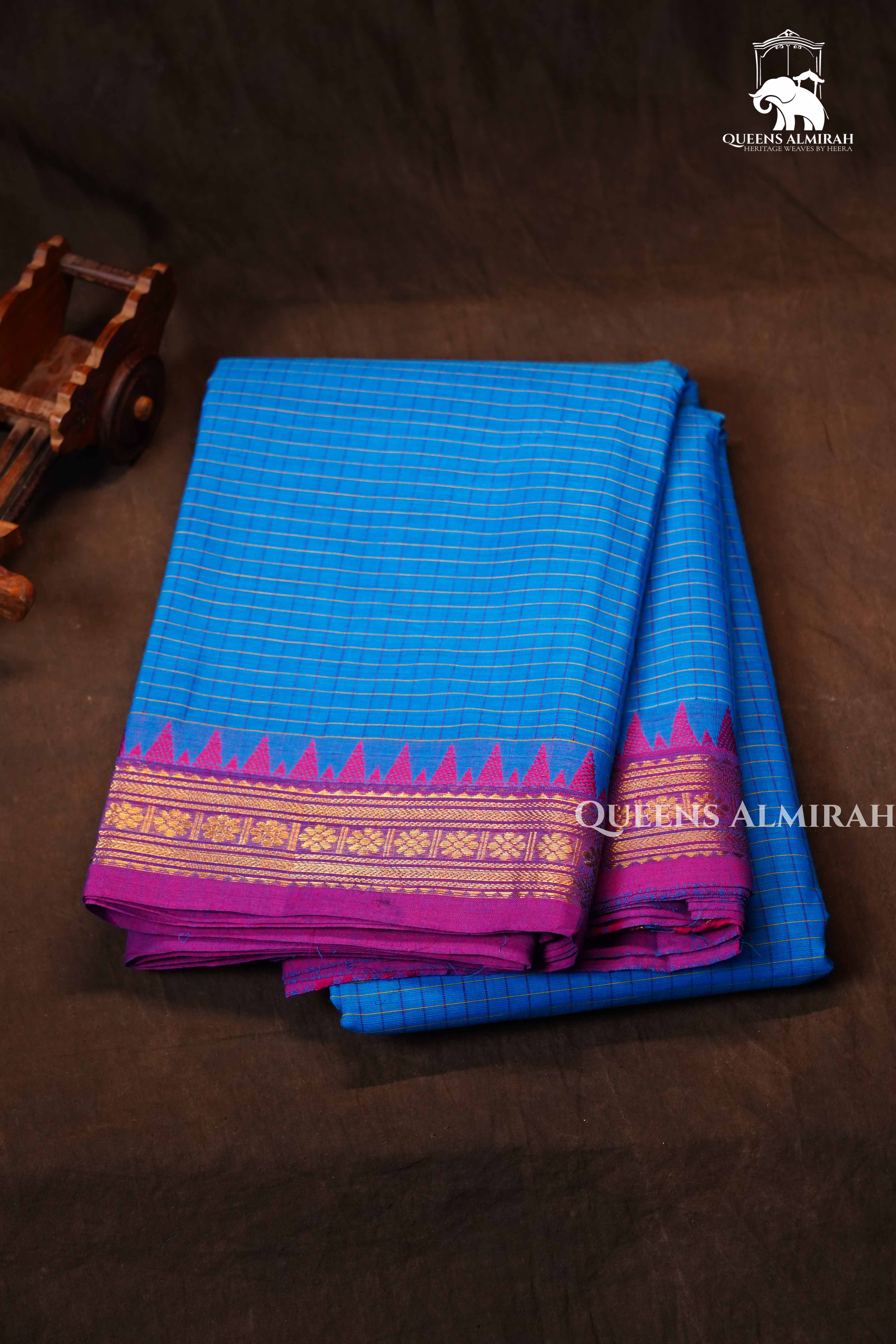 Blue With Dark Pink Kanchi Cotton Saree