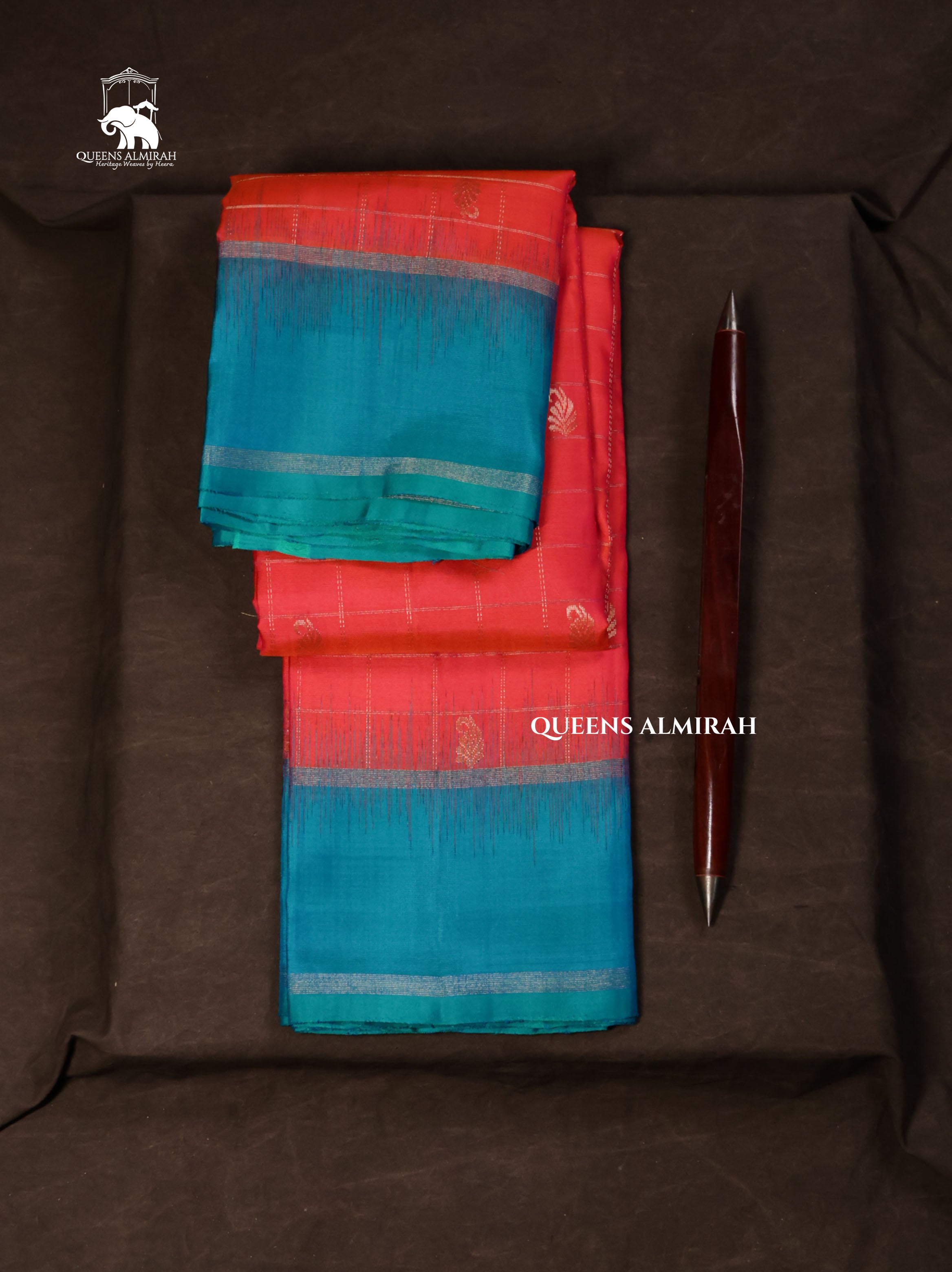 Pinkish Orange With Sky Blue Pure Kanchivaram Silk Saree