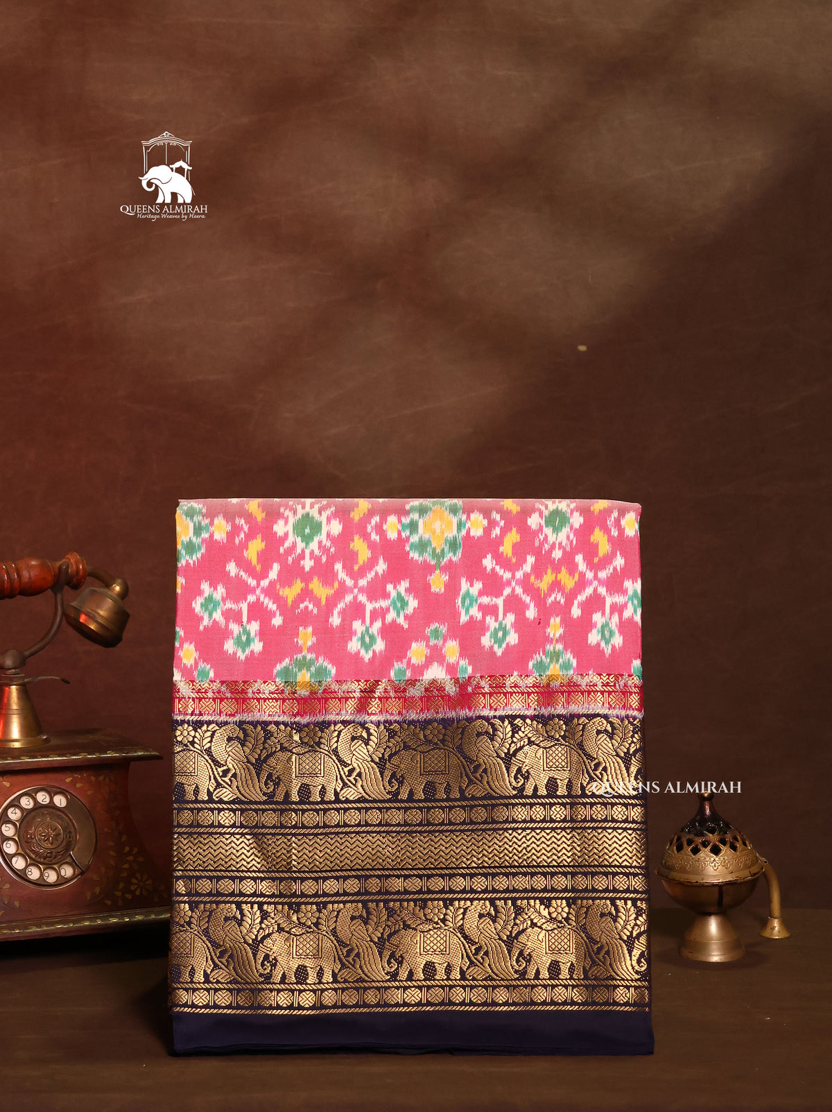 Pink With Navy Blue Pochampally Tissue Silk Saree