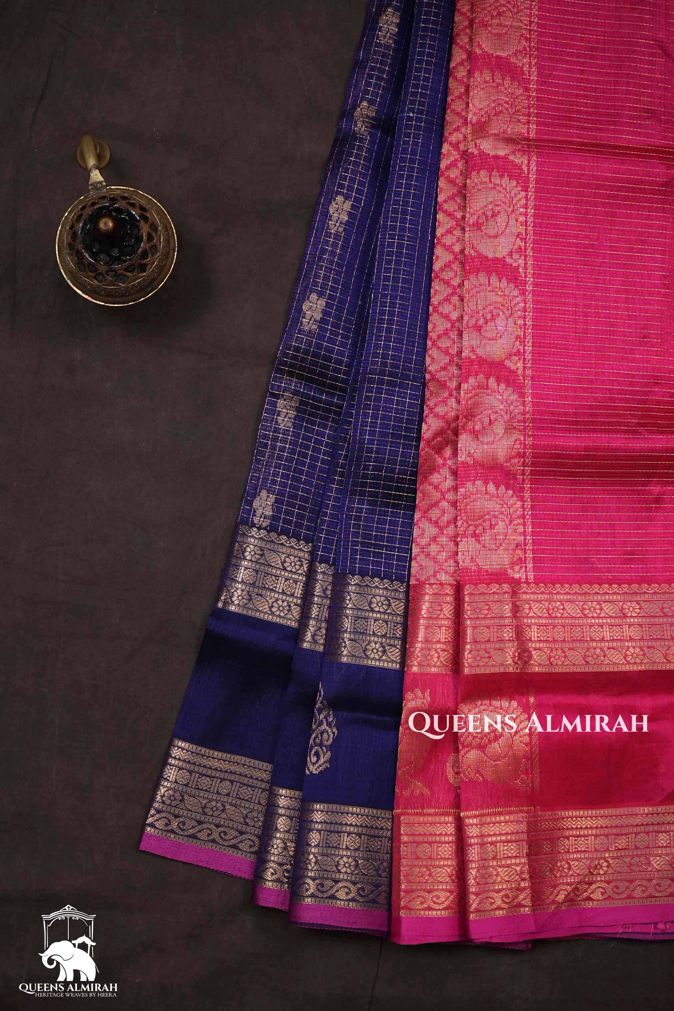 Dark Navy Blue With Pink Pure Silk Cotton Saree