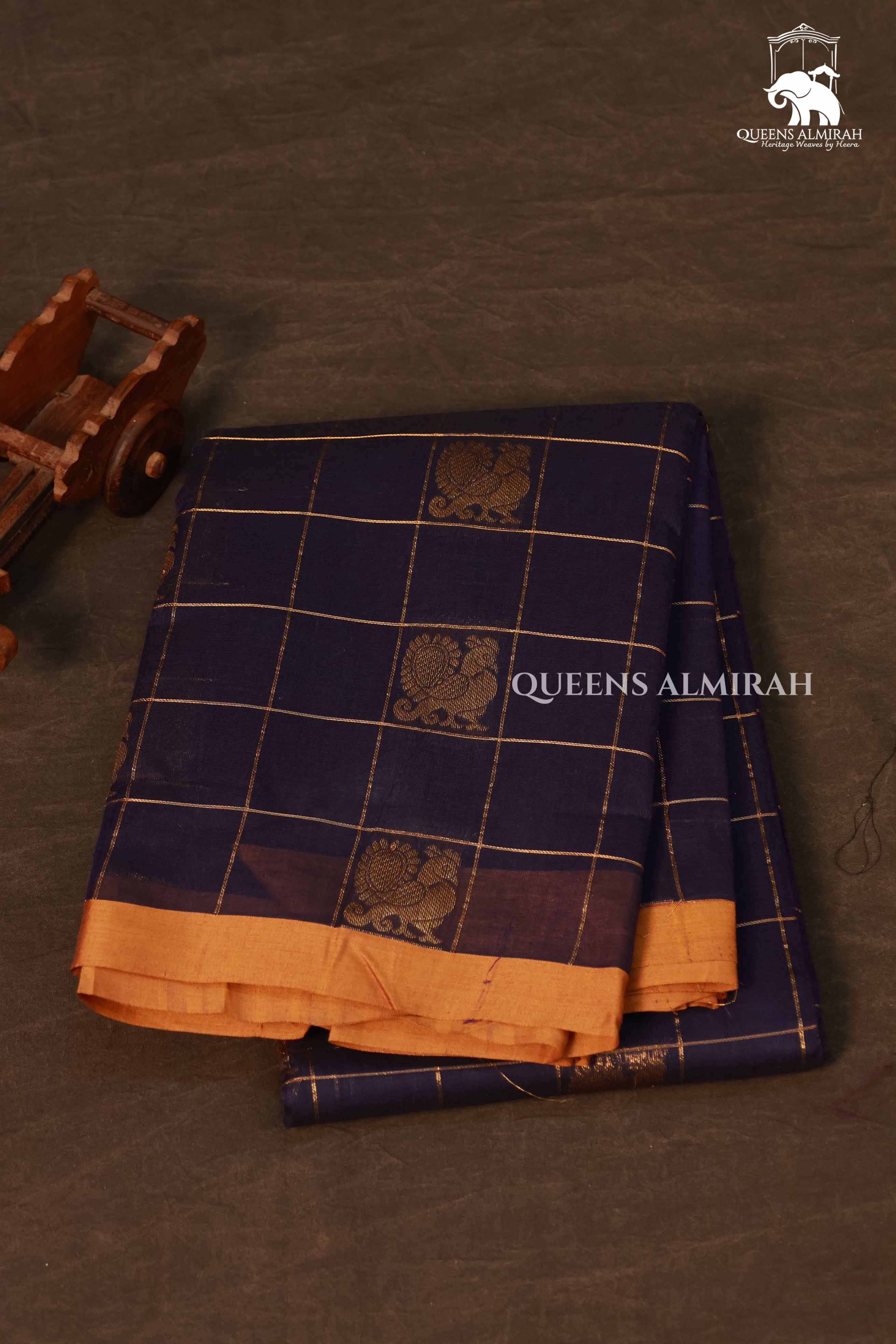 Navy Blue Kattam With Peacock Butta Kanchi Cotton Saree