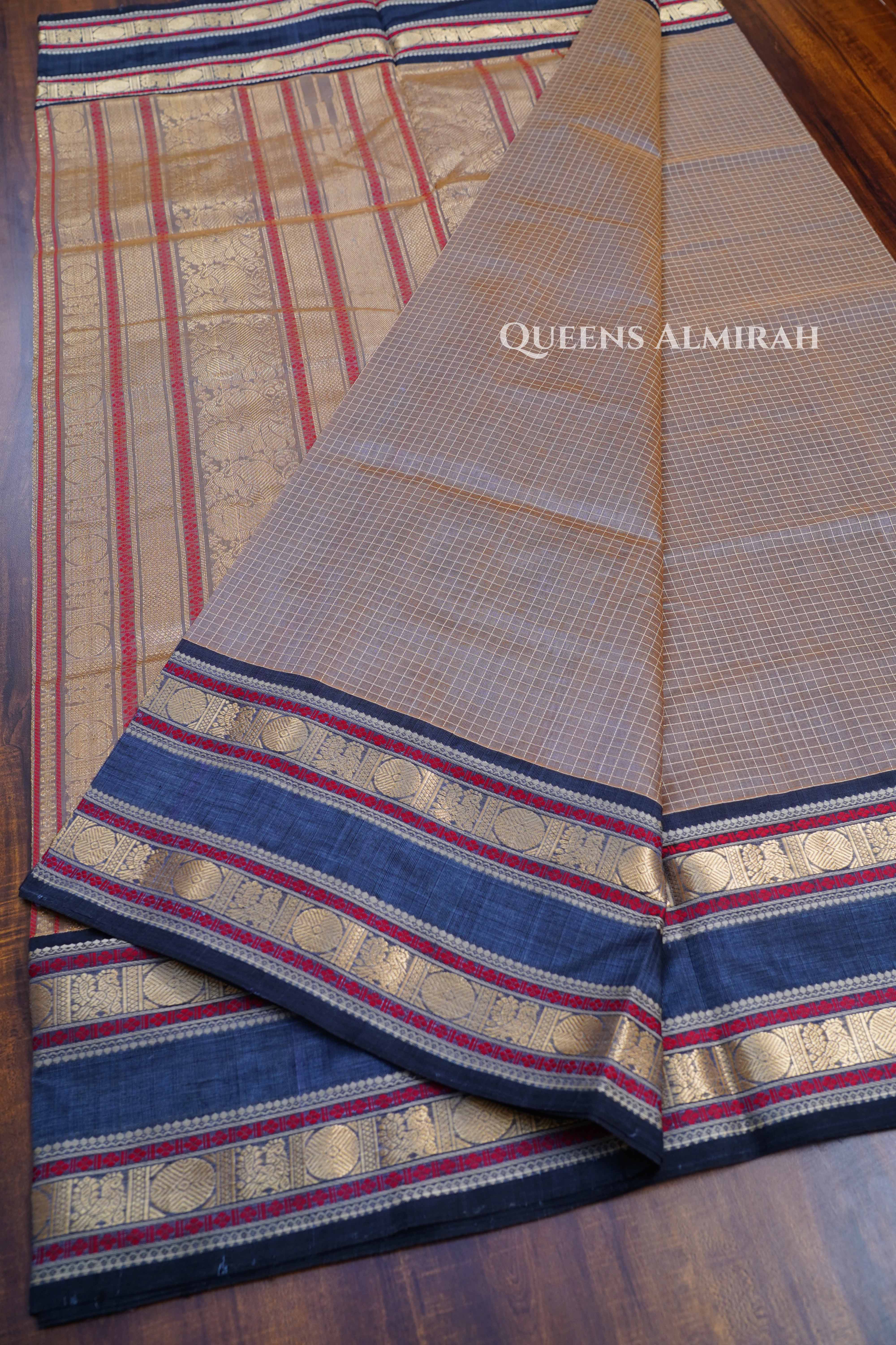Tan Brown With Denim Blue Karaikudi Chettinad Silk Cotton Saree