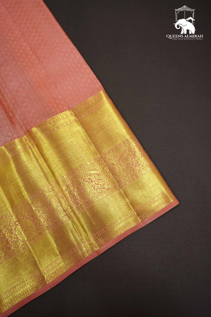 MINT GREEN WITH PEACH PINK KANCHIVARAM SILK SAREE - Queens Jewel Emporium