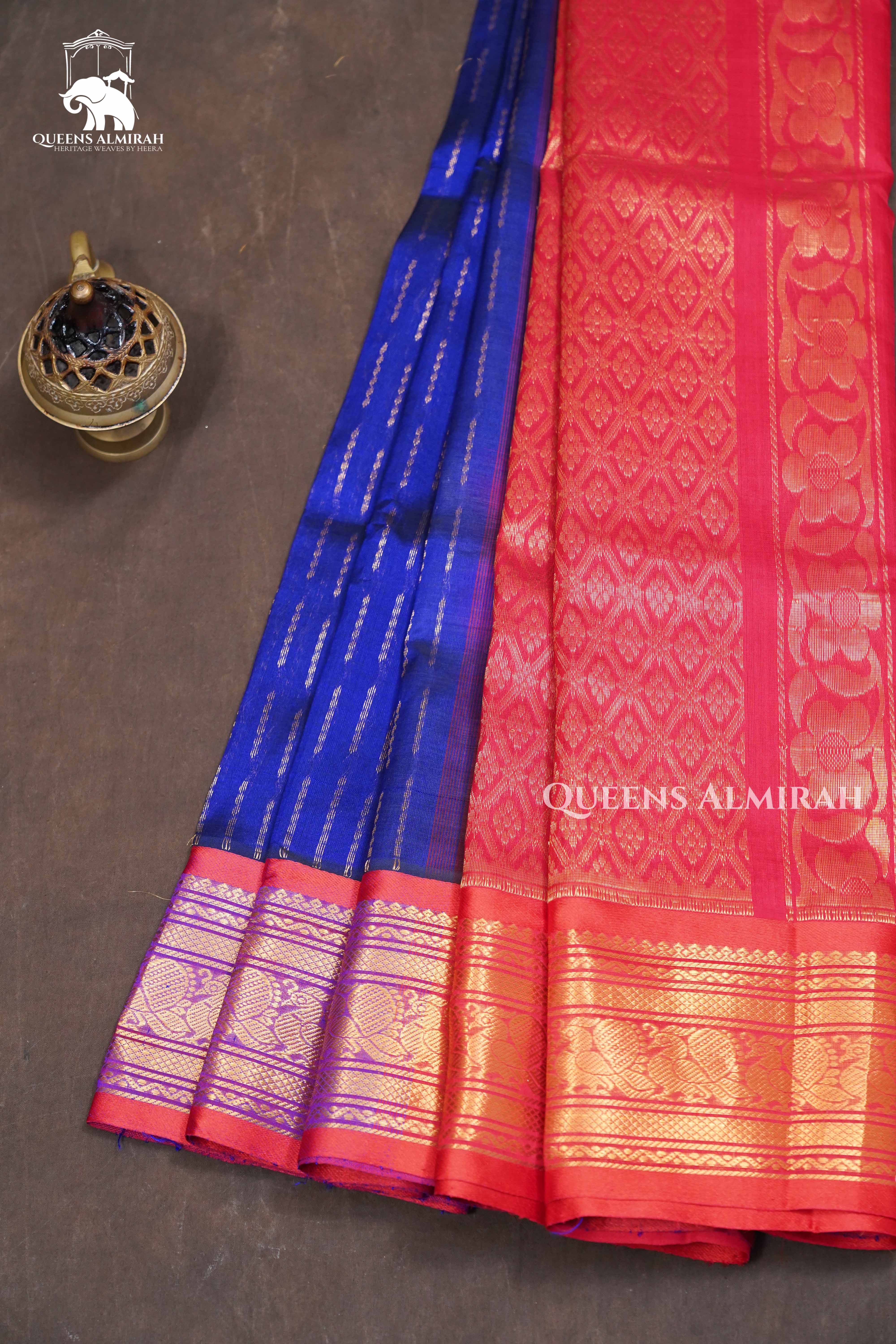 Navy Blue With Red Pure Silk Cotton Saree