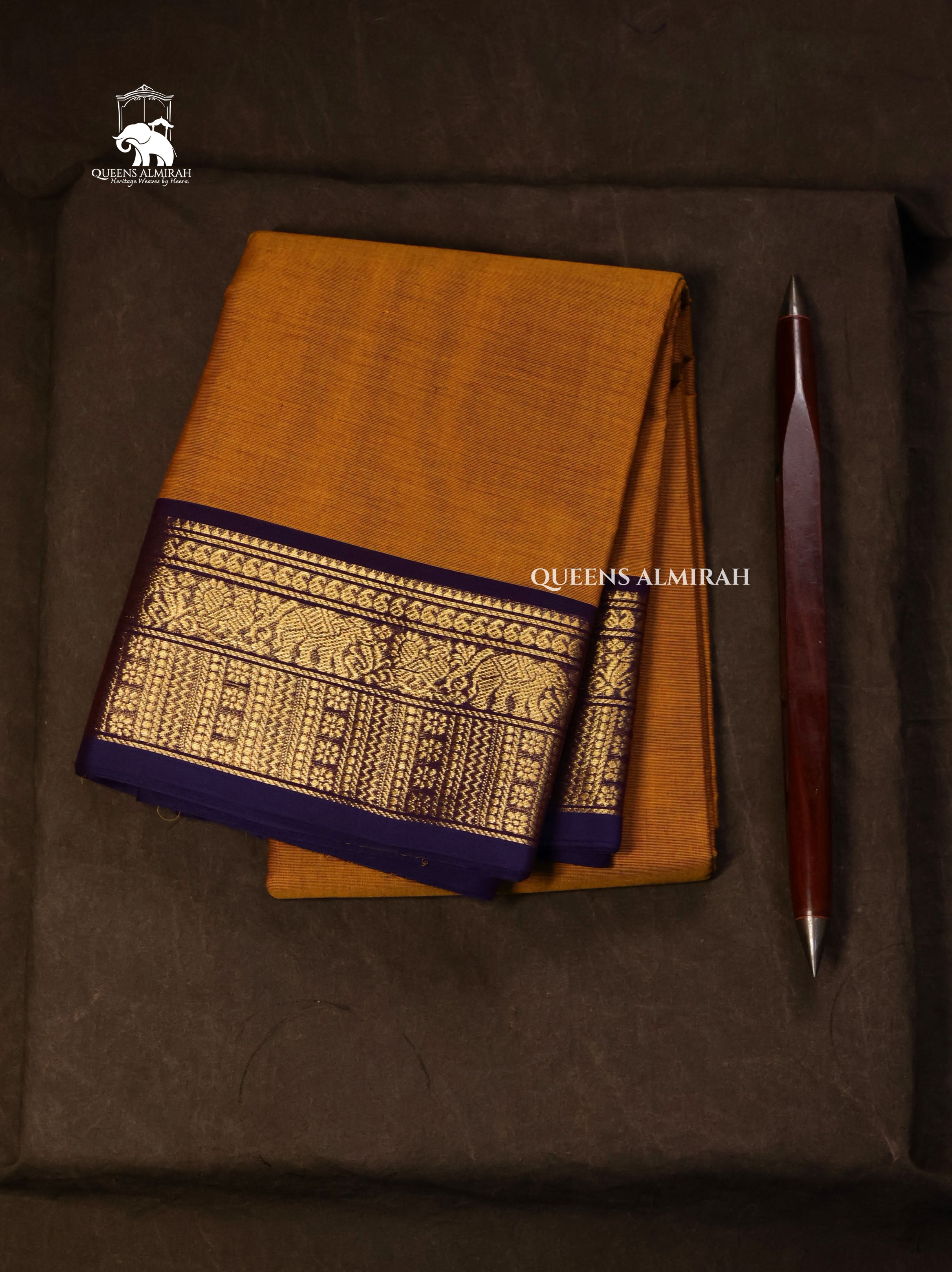 Mustard Yellow With Blue Kanchi Cotton Saree