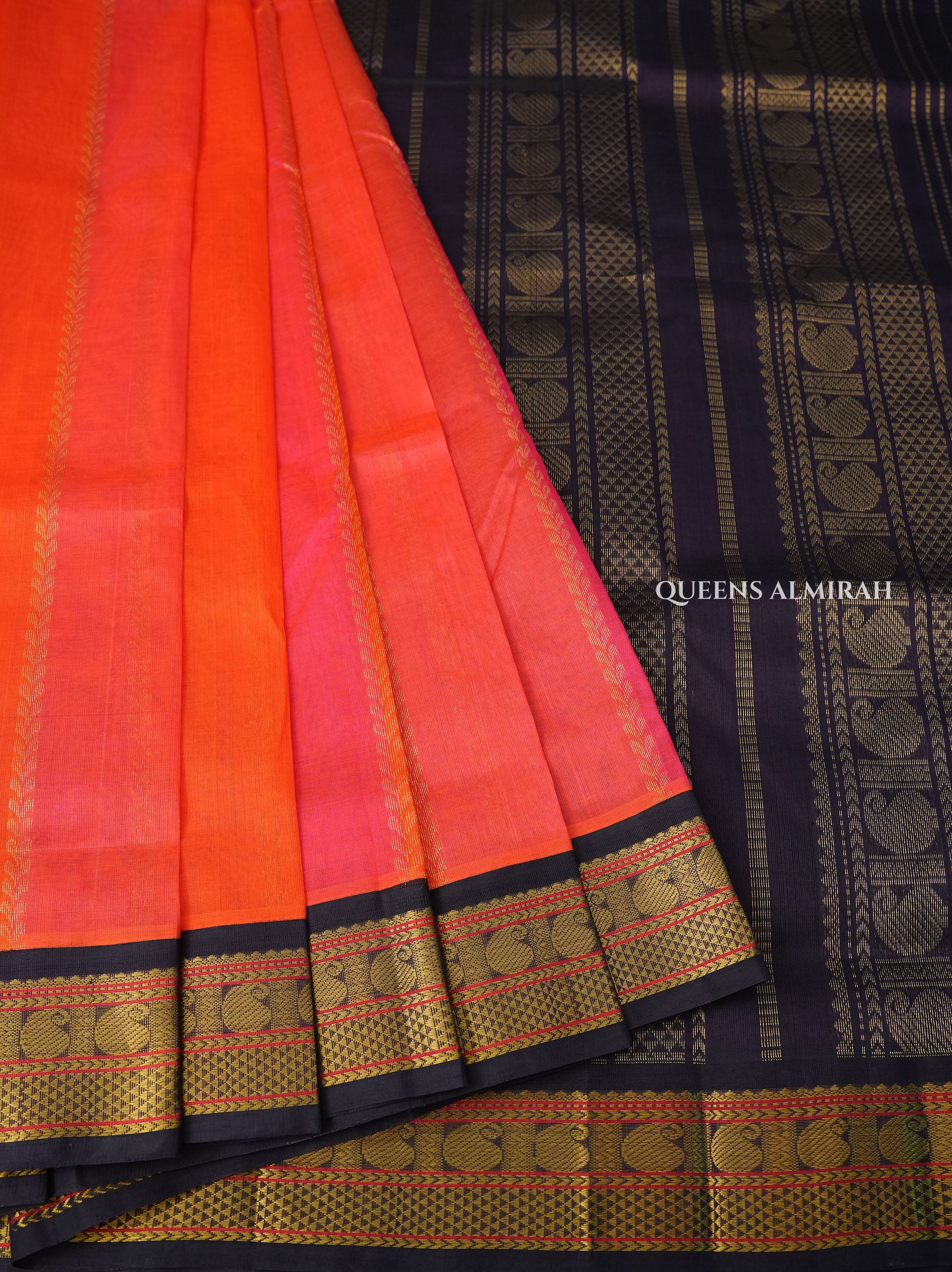 Orange And Pink With Black Border Pure Silk Cotton Saree