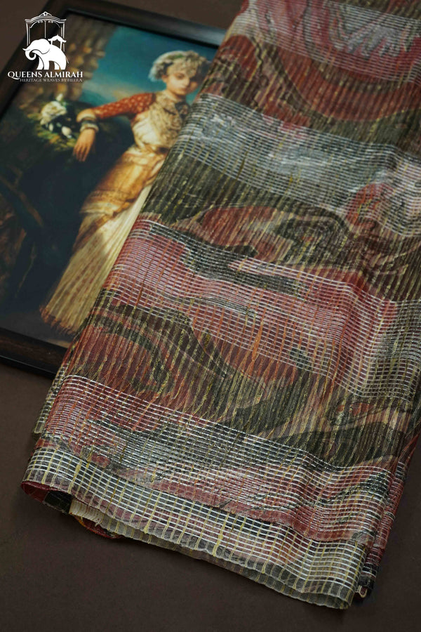 RADDISH GREY WITH RIFFLE GREEN MARBLE PRINT GHICHA ORAGANZA SAREE - Queens Jewel Emporium