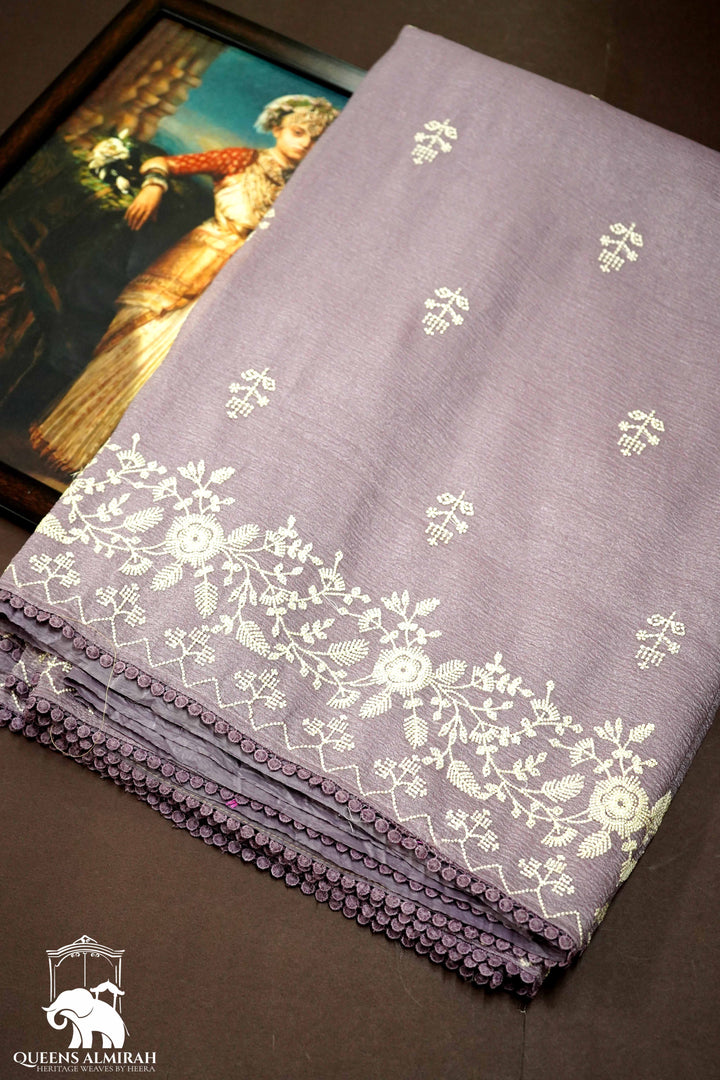 THISTLE PURPLE WITH WHITE EMBROIDERY BORDER TISSUE SAREE - Queens Jewel Emporium