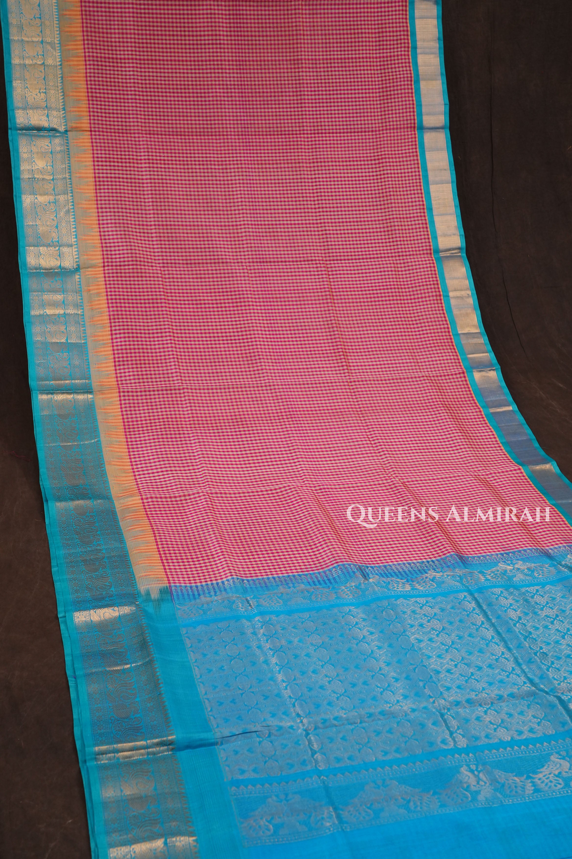 White And Red Checked With Blue Pure Silk Cotton Saree