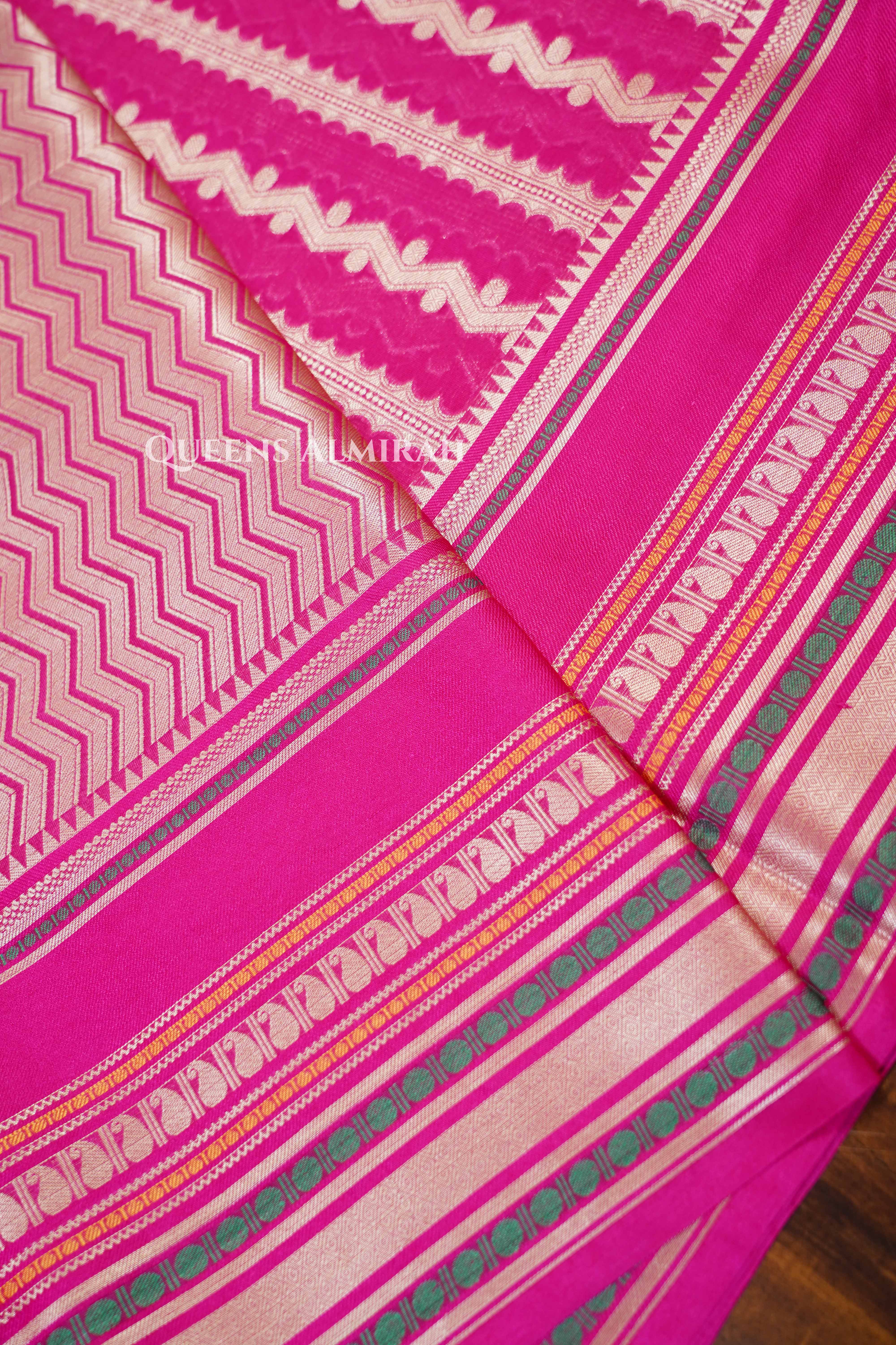 Hot Pink Semi Banarasi Silk Saree