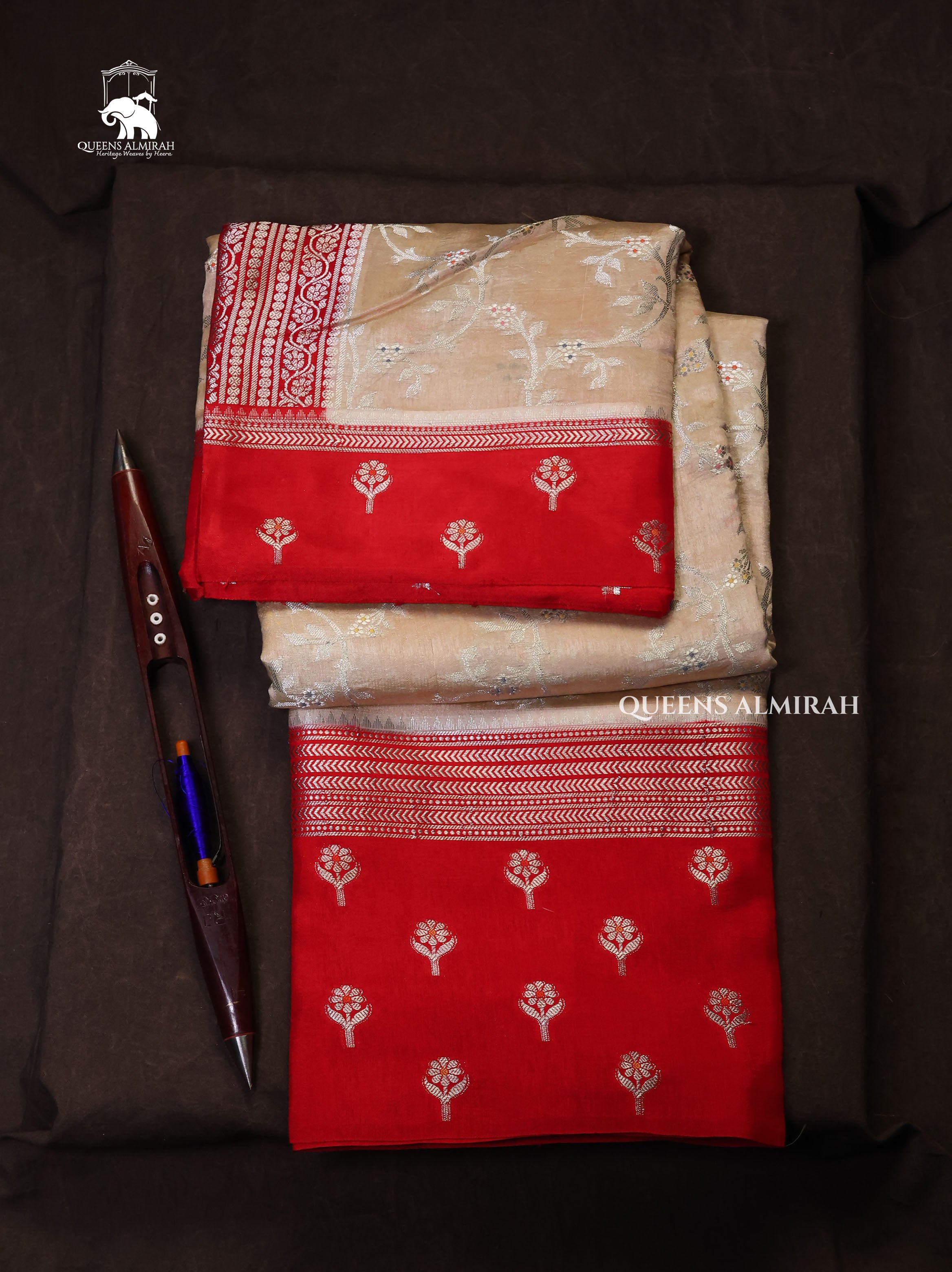 Beige With Red Semi Banarasi Silk Saree