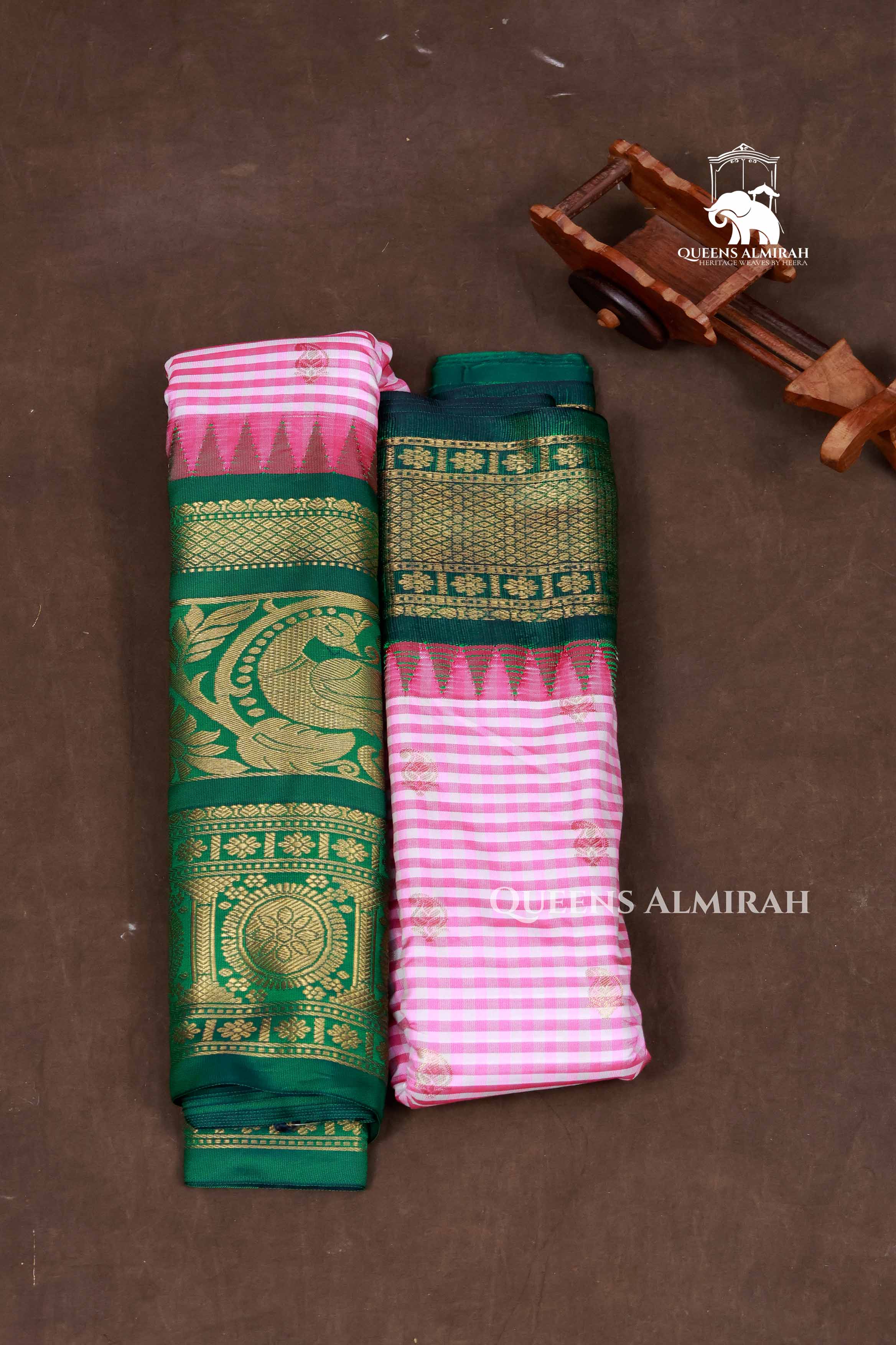 Pink And White Kattam With Green Semi Gadwal Silk Saree