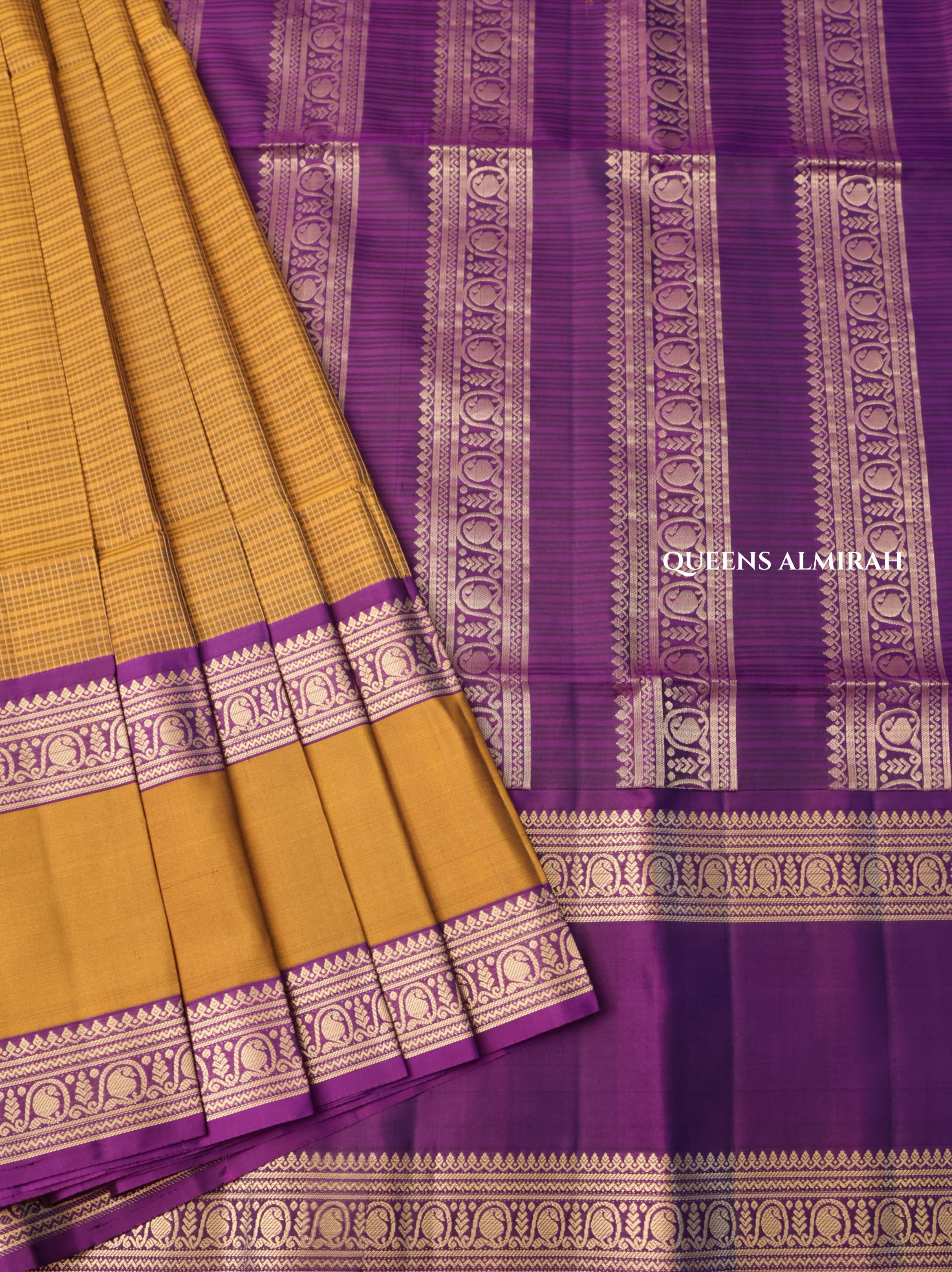Mustard Brown With Purple Pure Soft Silk Saree
