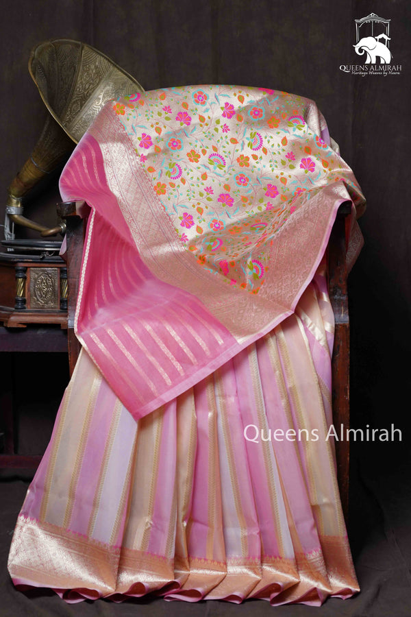 PINK WITH YELLOW BANARASI ORGANZA SILK SAREE