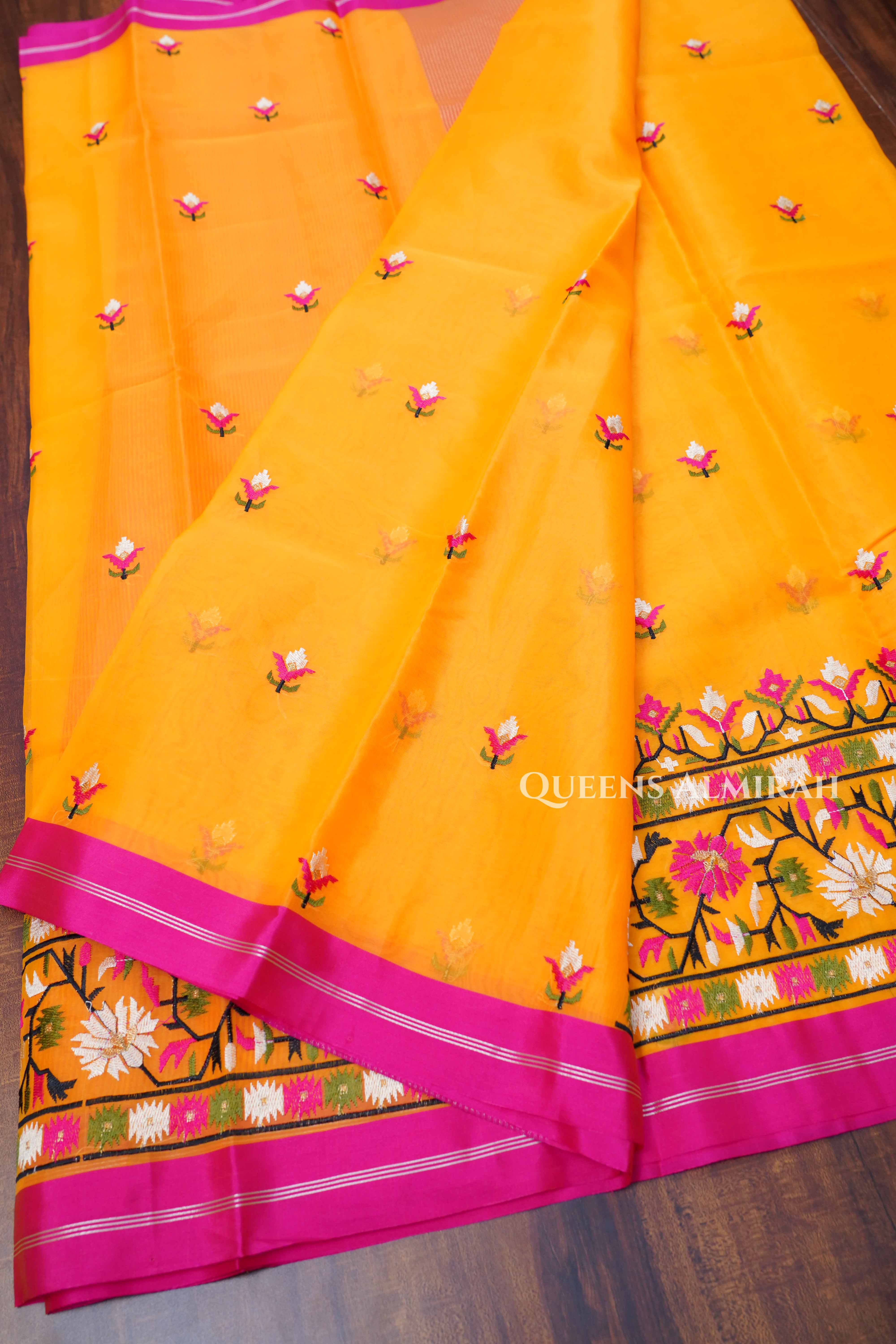 Yellow With Pink Muslin Organza Saree