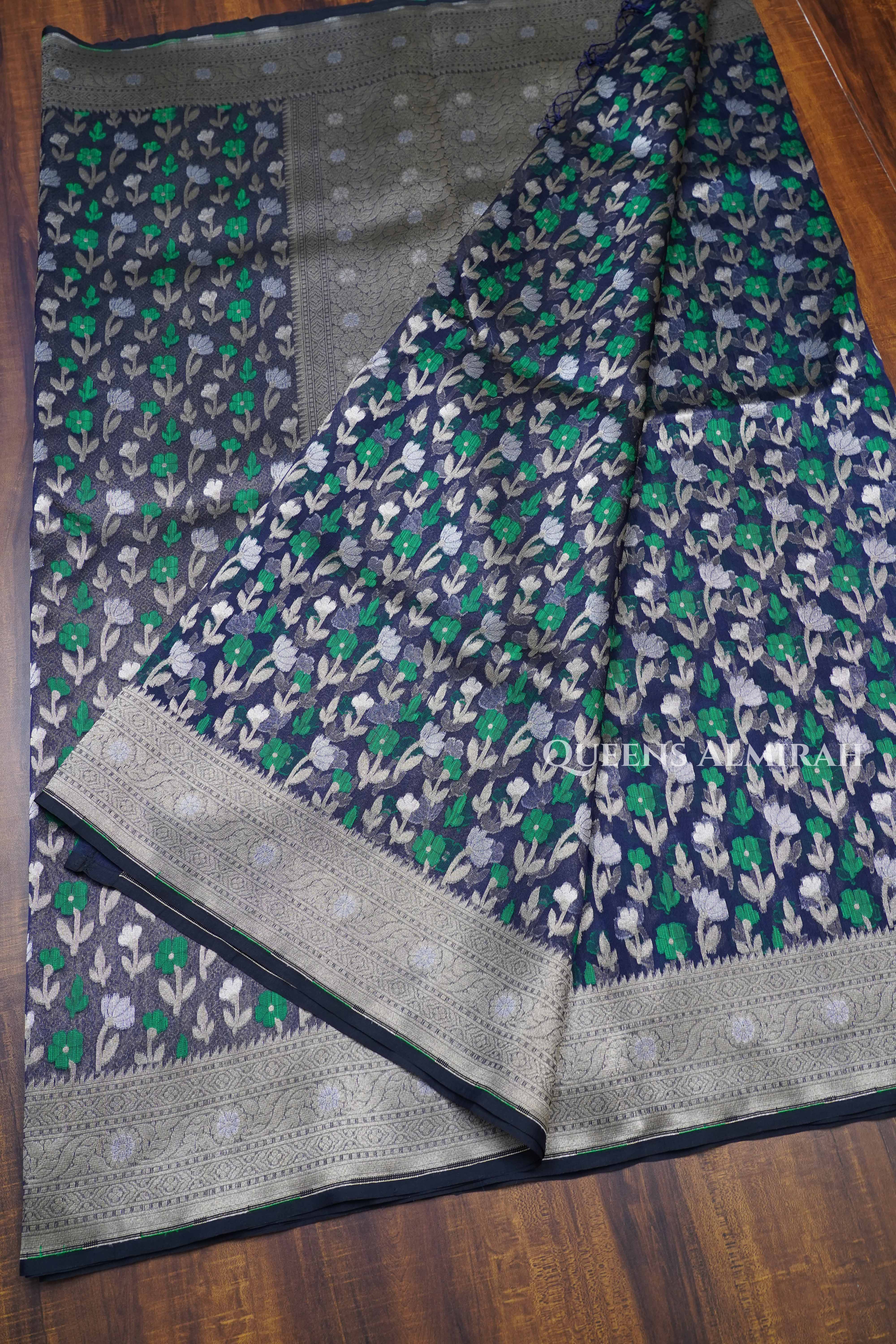 Dark Navy Banarasi Organza Silk Saree