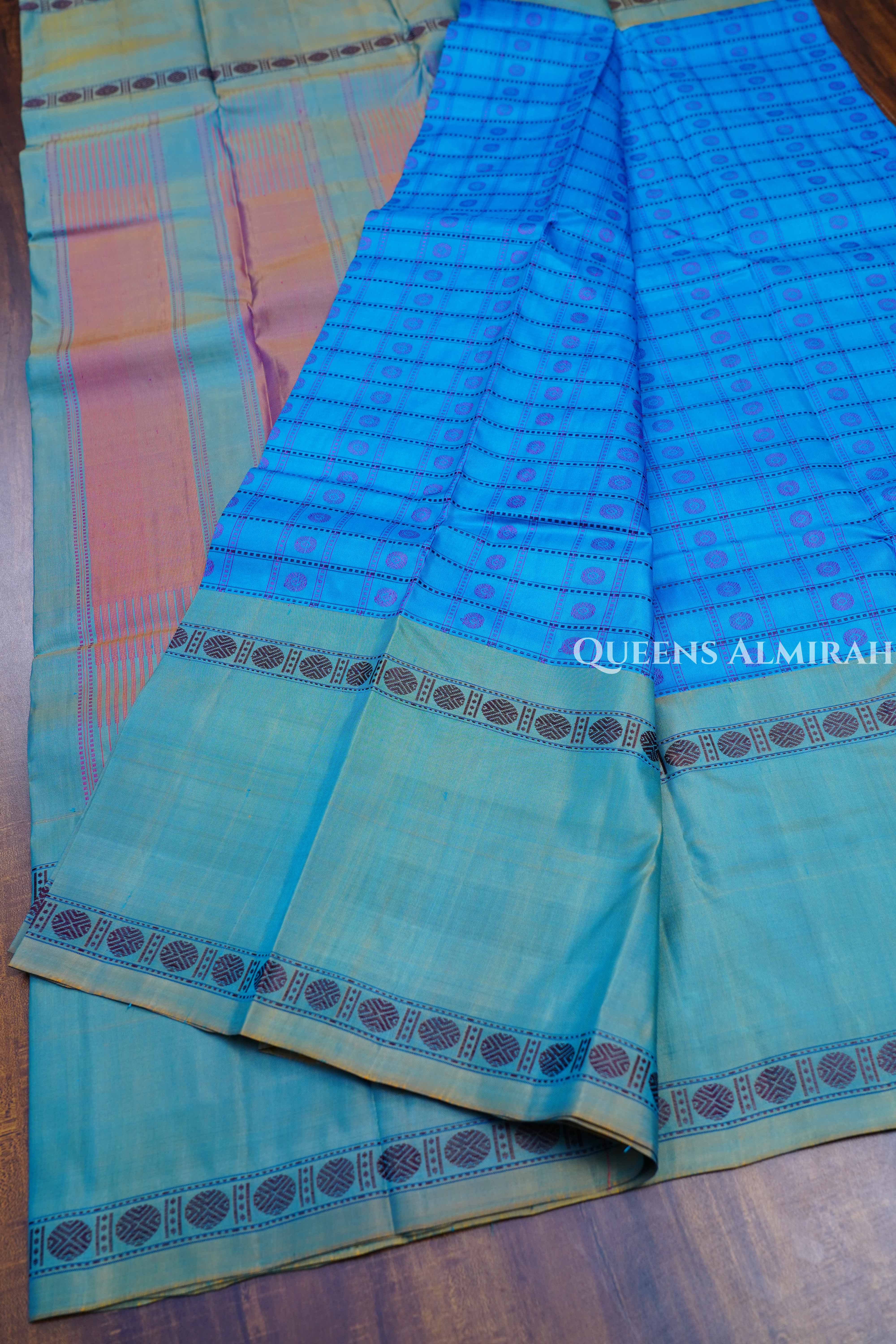 Sea Blue With Dual Shade Green Pure Kanchivaram Silk Saree