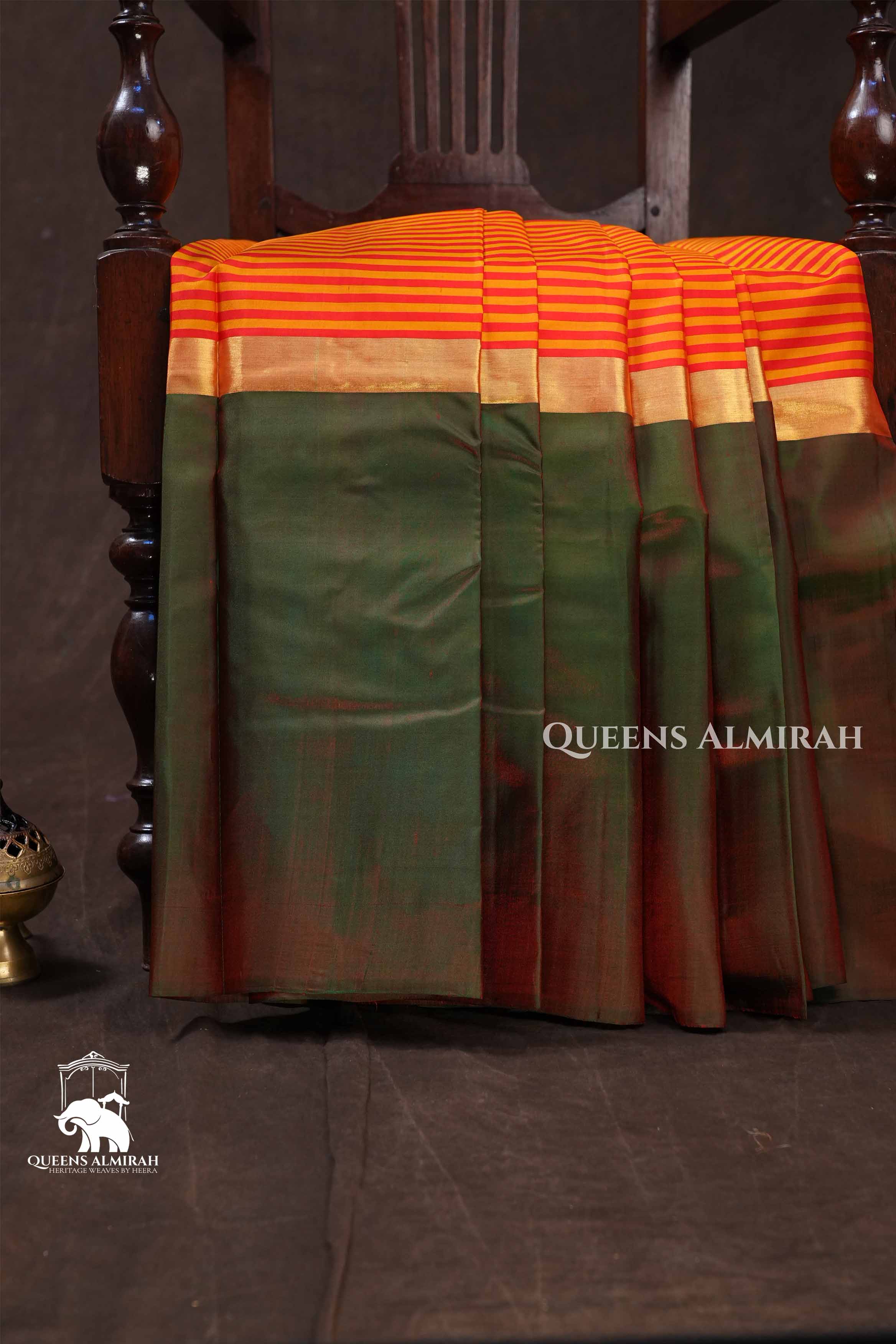 Dual Shade Green With Stripes Pure Kanchivaram Silk Saree