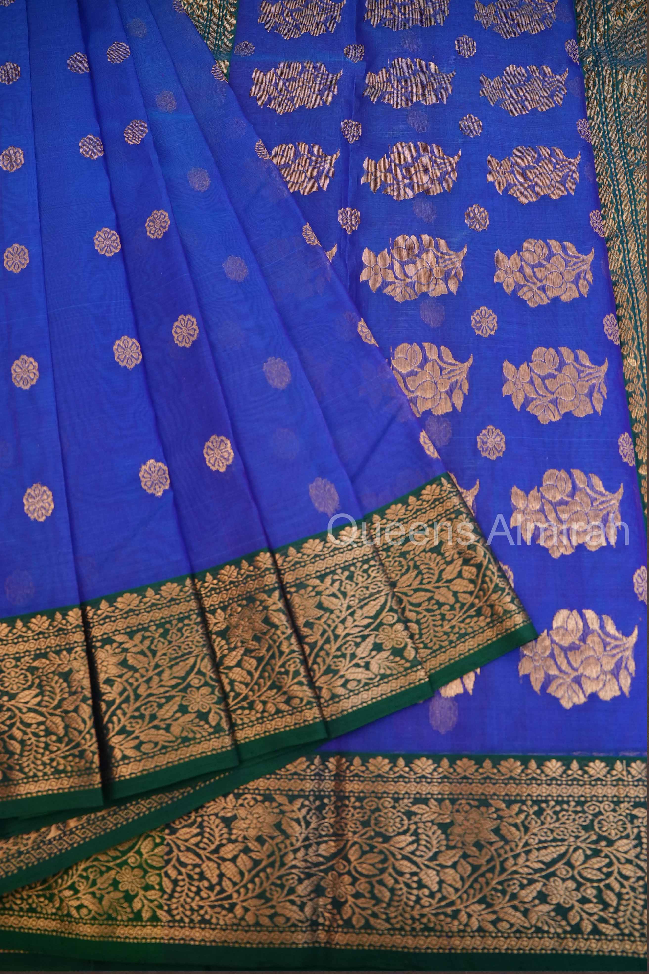 Ms Blue With Green Chanderi Katan Silk Handloom Saree