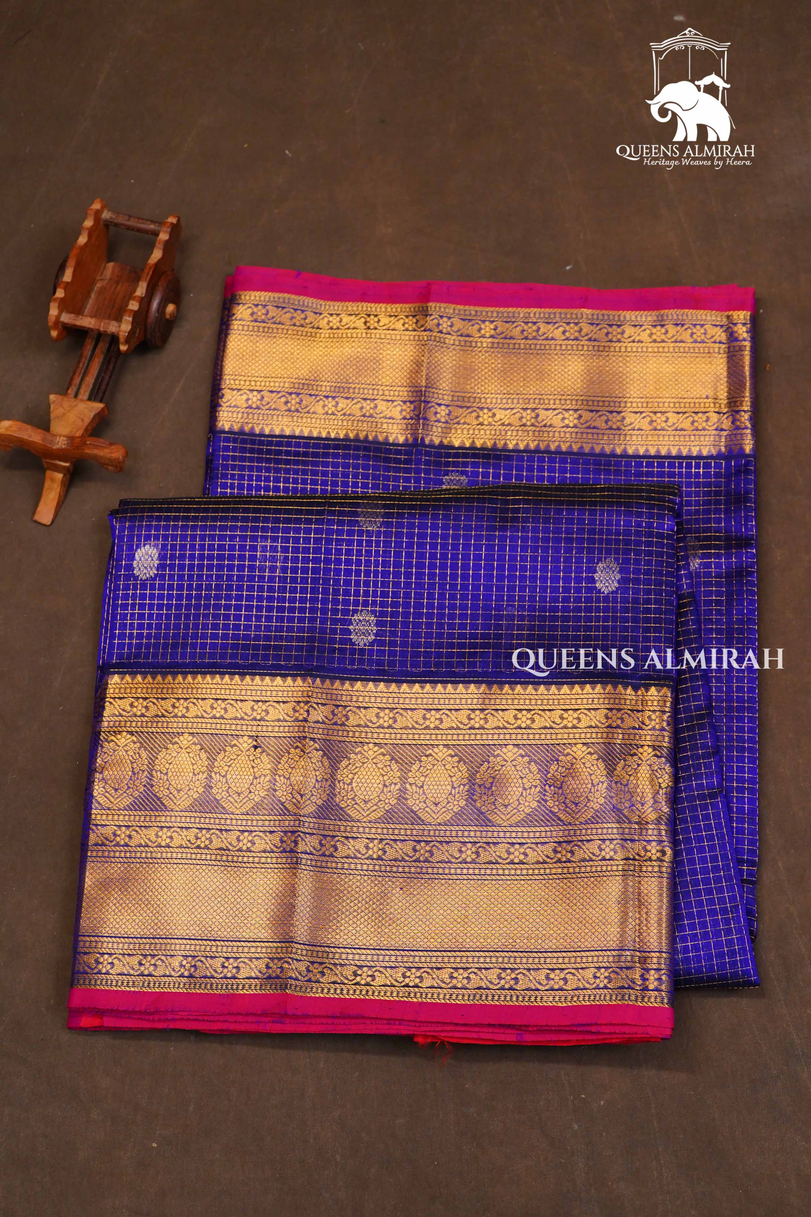 Navy Blue Kattam With Pink Long and Short Border Pure Silk Cotton Saree