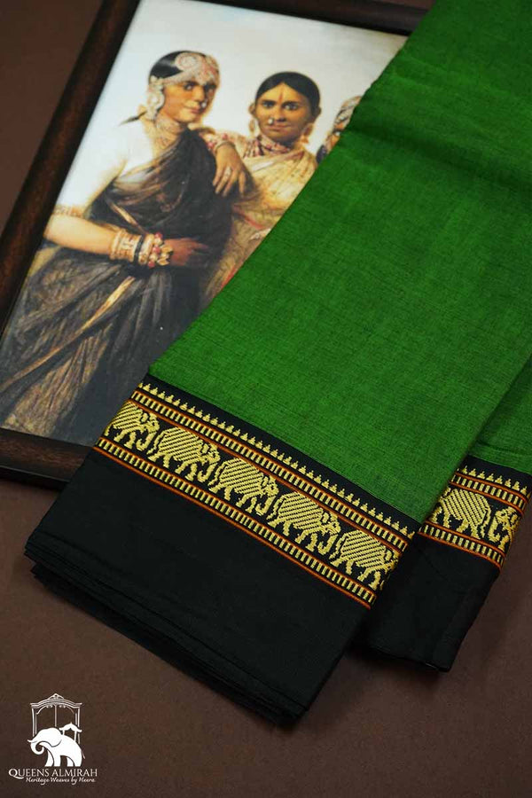 EMERALD GREEN WITH BLACK BORDER NARAYANPET COTTON SAREE - Queens Jewel Emporium