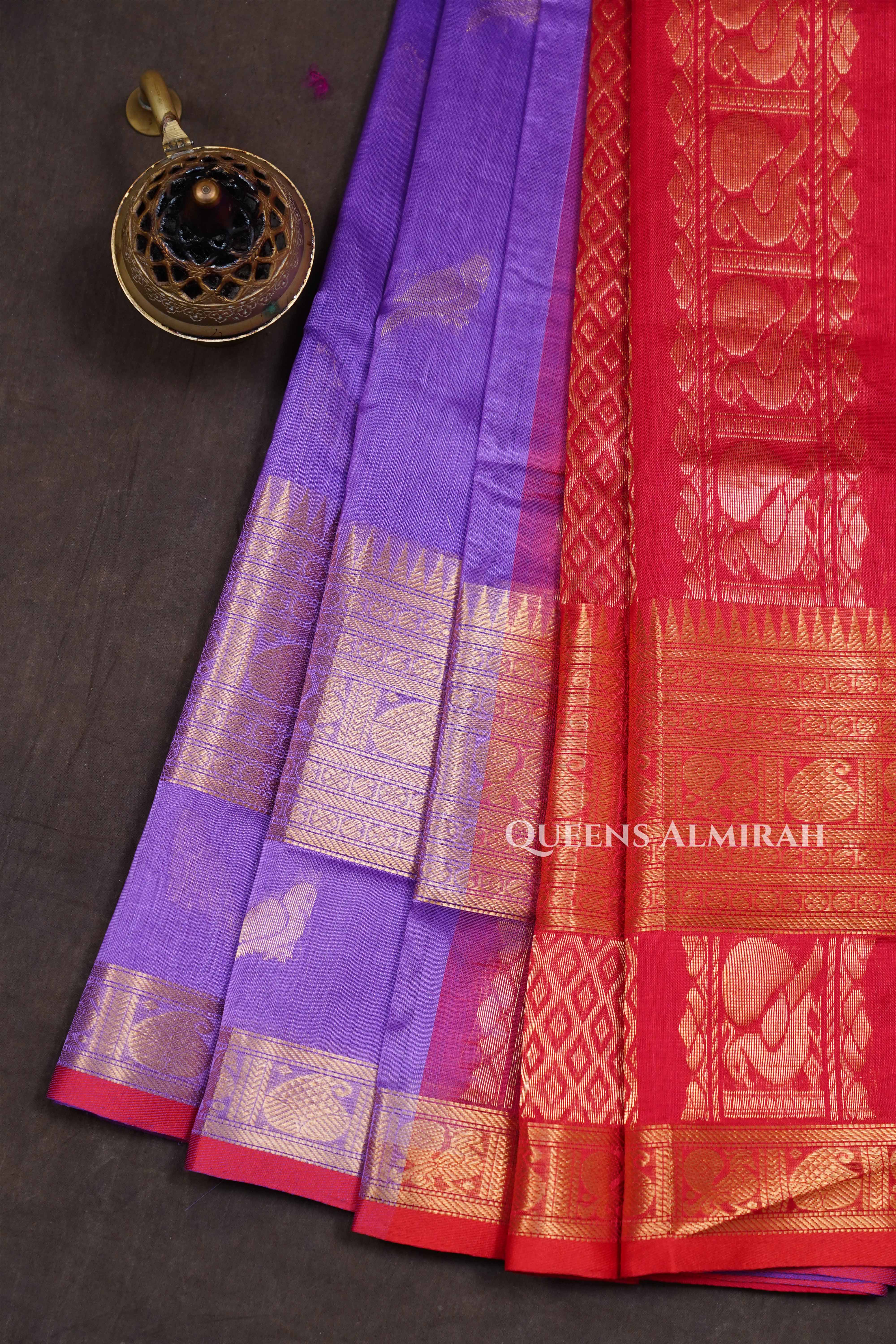 Lilac Purple With Red Pure Kanchi Silk Cotton Saree