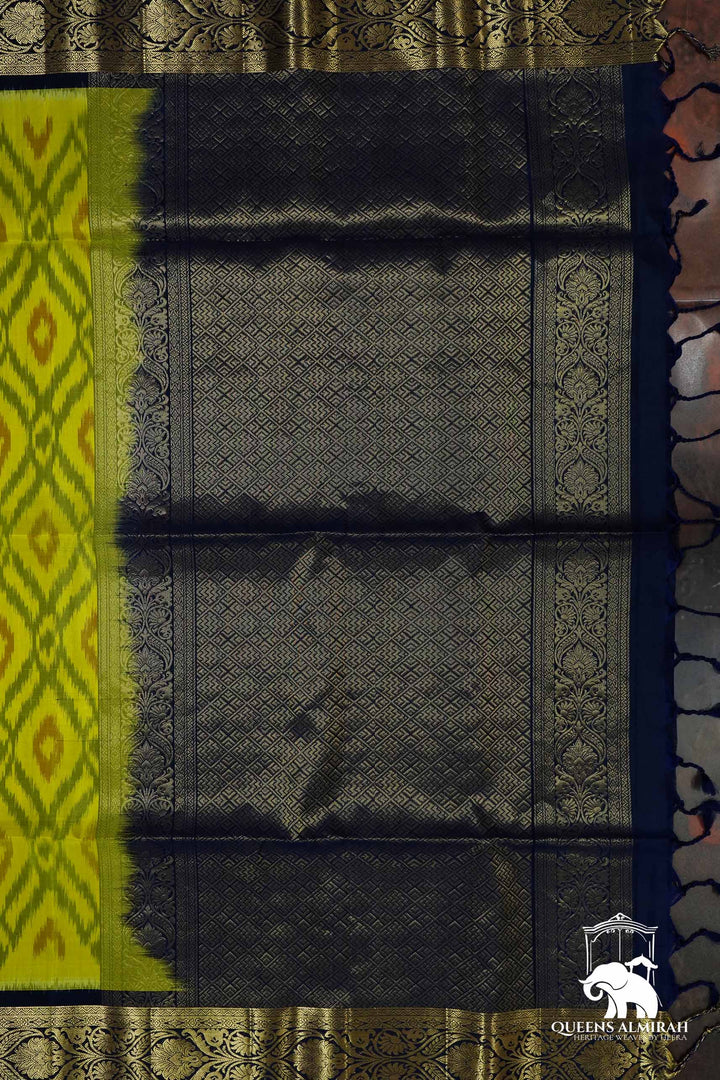 OLIVE YELLOW WITH CHARCOAL BLUE SOFT SILK SAREE - Queens Jewel Emporium