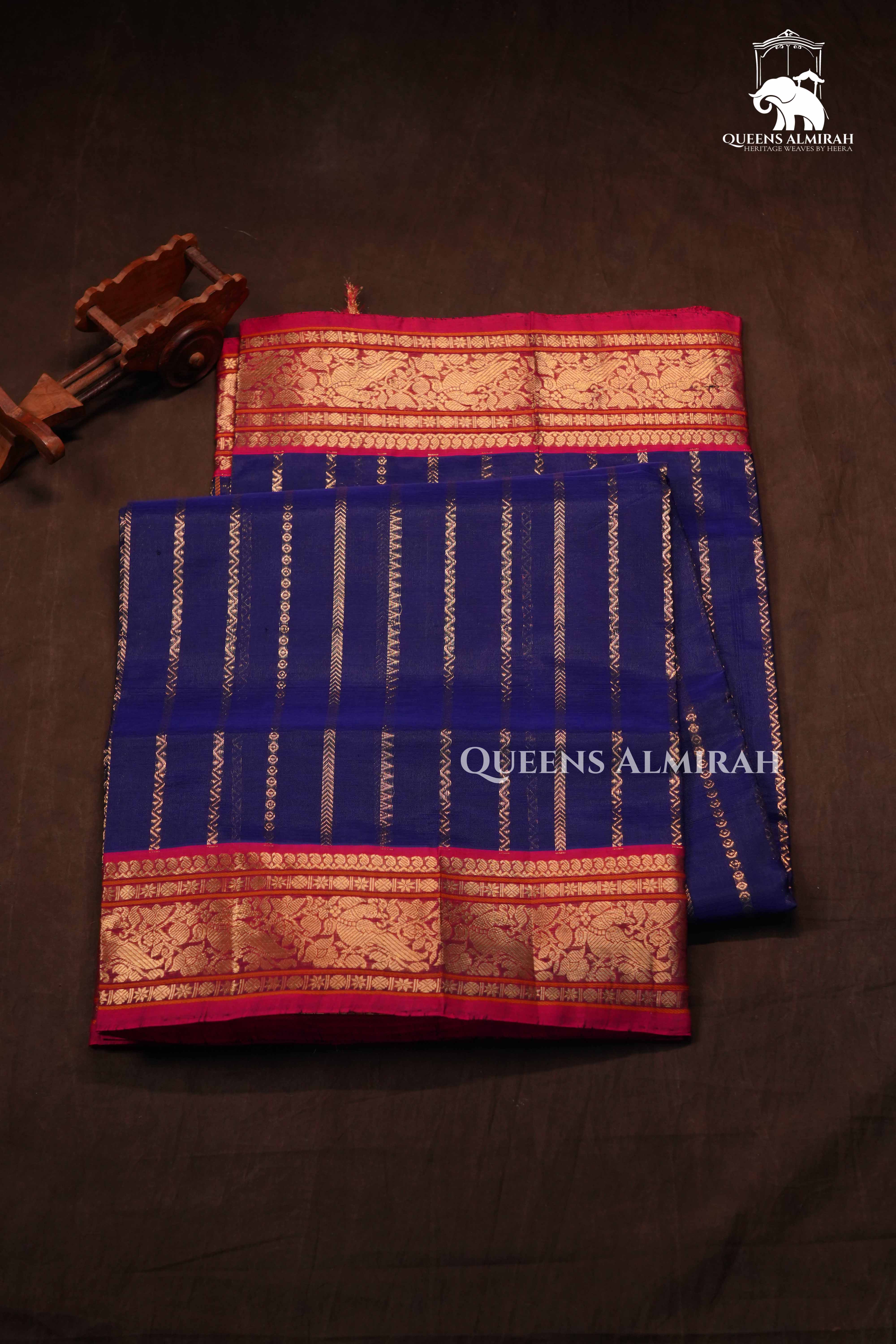 Dark Navy Blue With Pink Veldhari Chettinad Silk Cotton Saree
